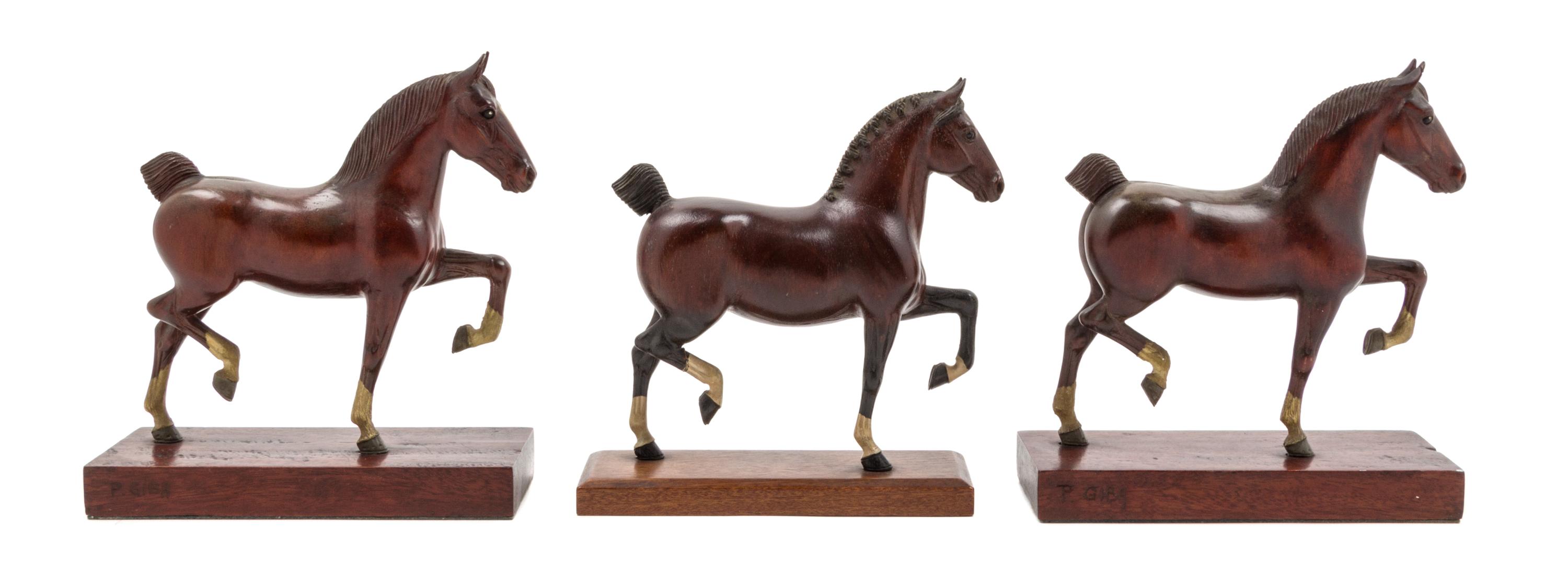 Three Carved and Painted Wood Horse Figures Height of tallest 8 1/8 inches. — PETER GIBA, 20TH CENTURY