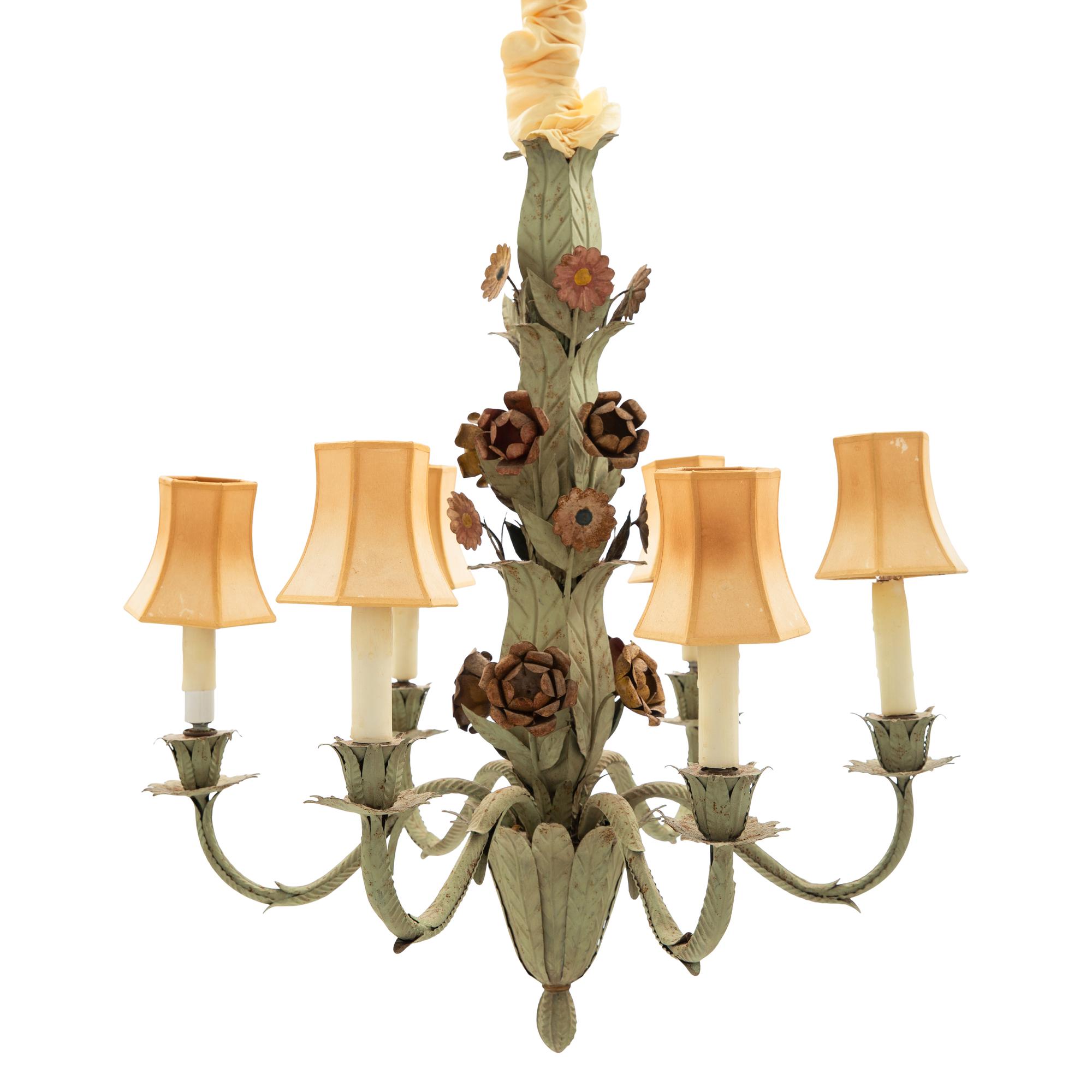 A French Green Tole Six-Light Chandelier