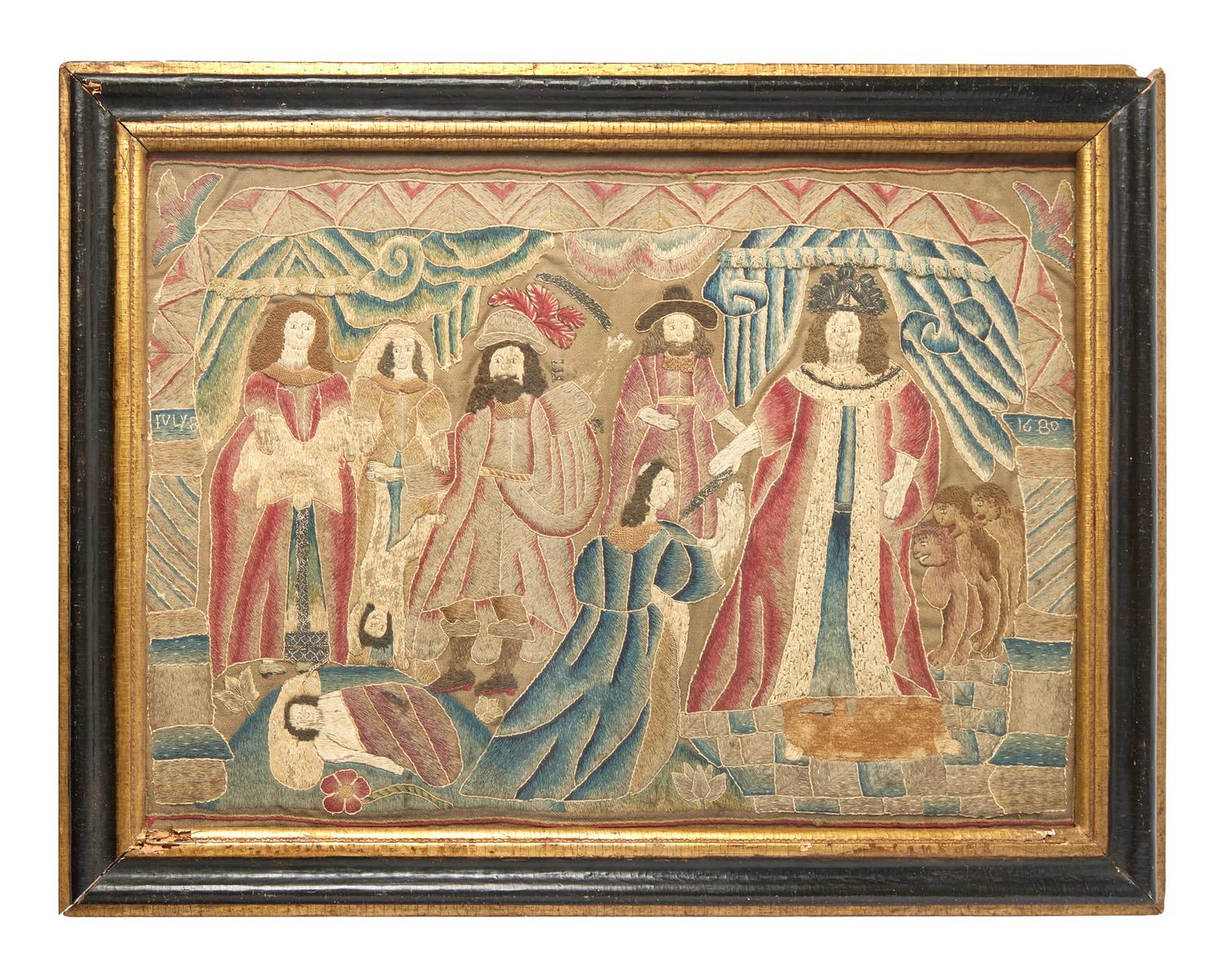 A Charles II Laid Work Embroidery Panel Depicting the Judgment of Solomon