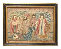 A Charles II Laid Work Embroidery Panel Depicting the Judgment of Solomon