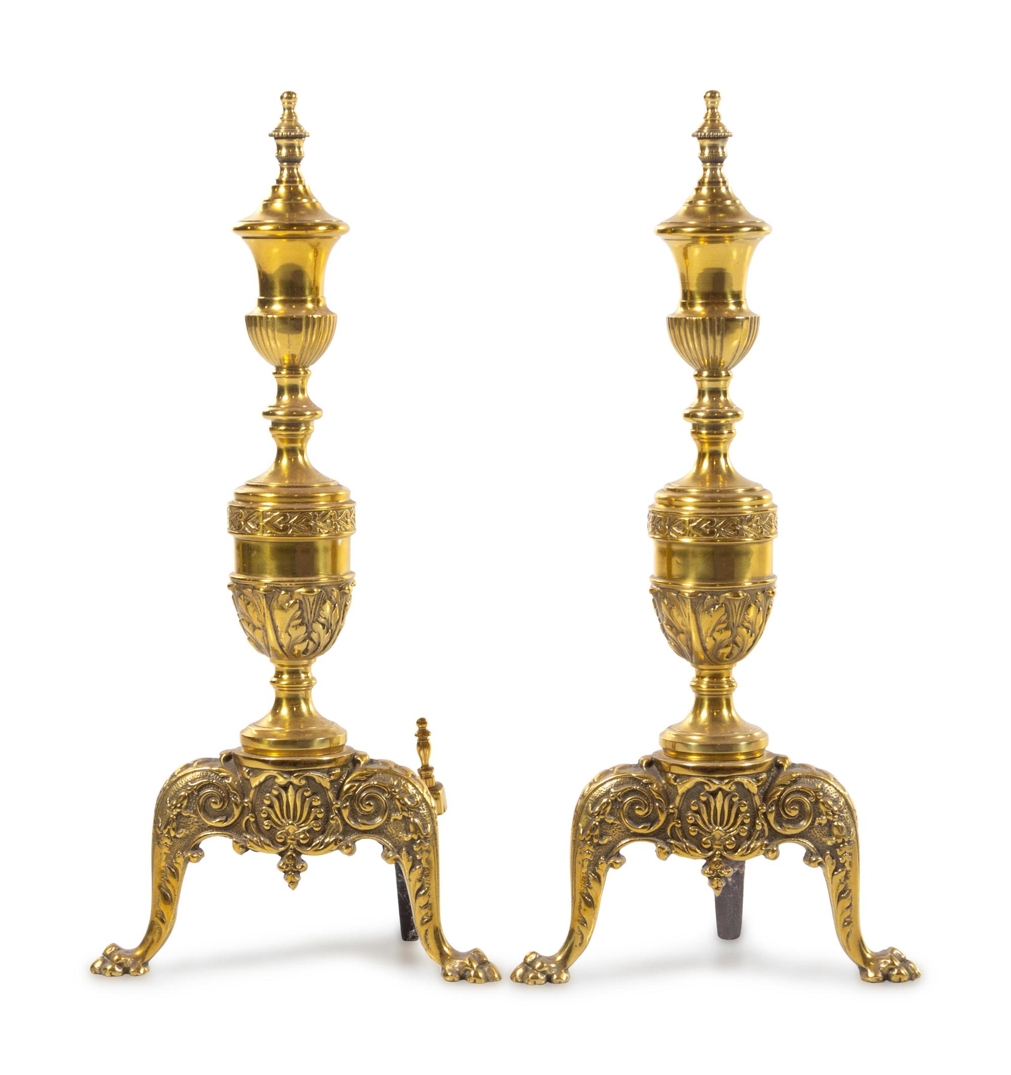 A Pair of Neoclassical Brass Andirons
