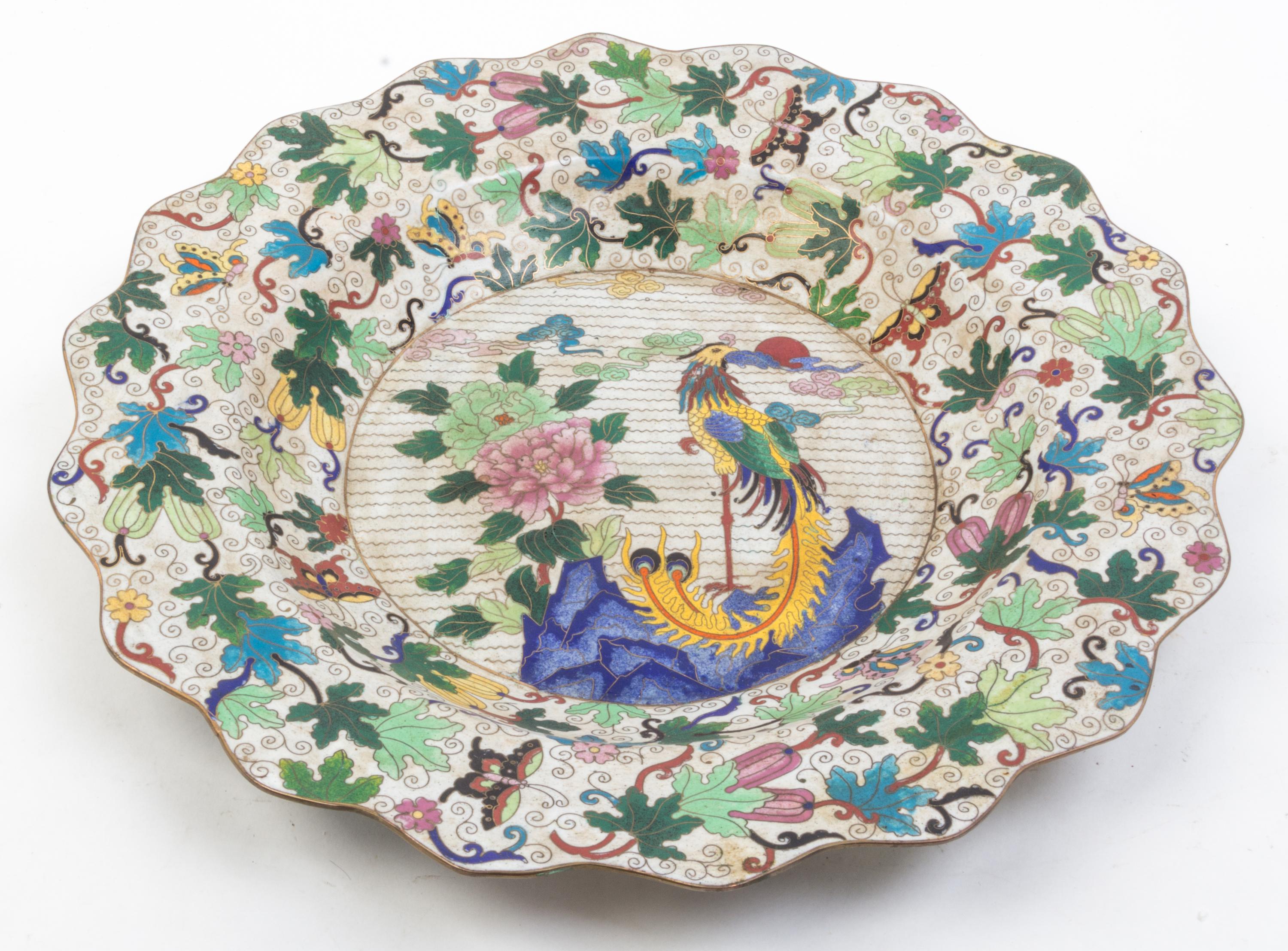 Two Cloisonne Chargers Diameter of larger 20 3/4 inches.