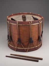 [MILITARIA]. Possibly Mexican War painted drum featuring ornate tack design, with drumsticks.