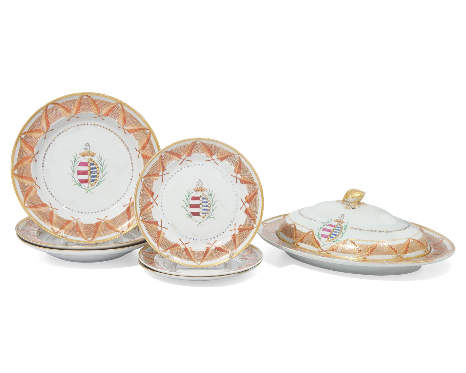 A group of seven Chinese Export porcelain tablewares from the "Silviera Service," made for the Portuguese Market, late 18th century