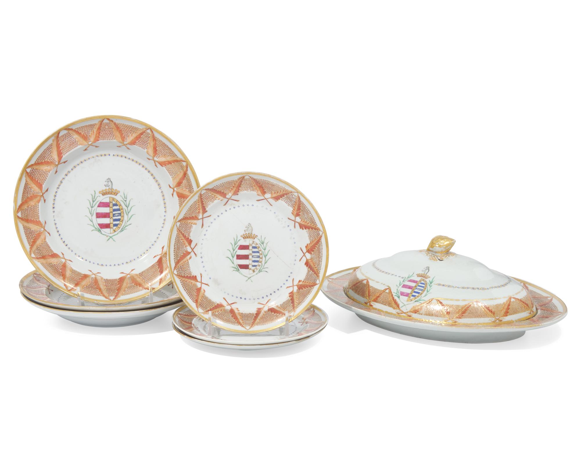A group of seven Chinese Export porcelain tablewares from the "Silviera Service," made for the Portuguese Market, late 18th century
