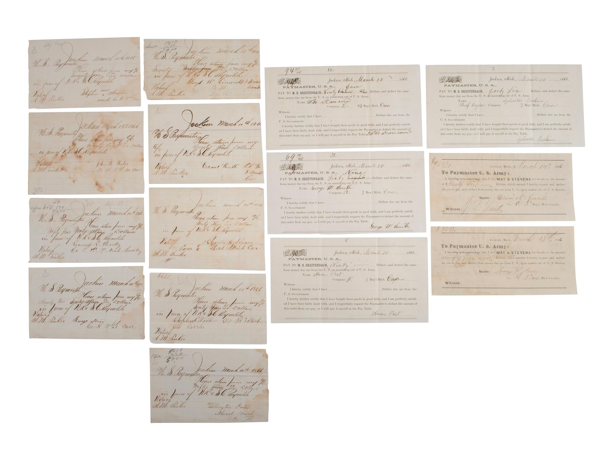 [CIVIL WAR]. Military sutler script from Michigan, Ohio, New Hampshire, and Indiana regiments.