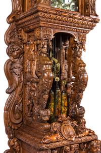 A Monumental English Carved Oak Tall Case Clock, LAST QUARTER 19TH CENTURY, Height 130 1/2 x width 48 x depth 33 inches. — LAST QUARTER 19TH CENTURY,