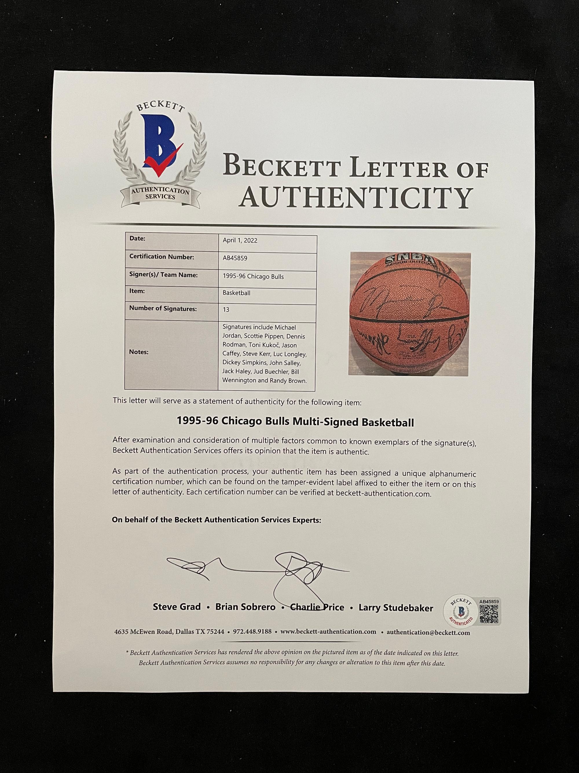 A 1995-96 NBA Champions Chicago Bulls Team Signed Autograph Basketball (Beckett Authentication Services Letter BAS Certified)