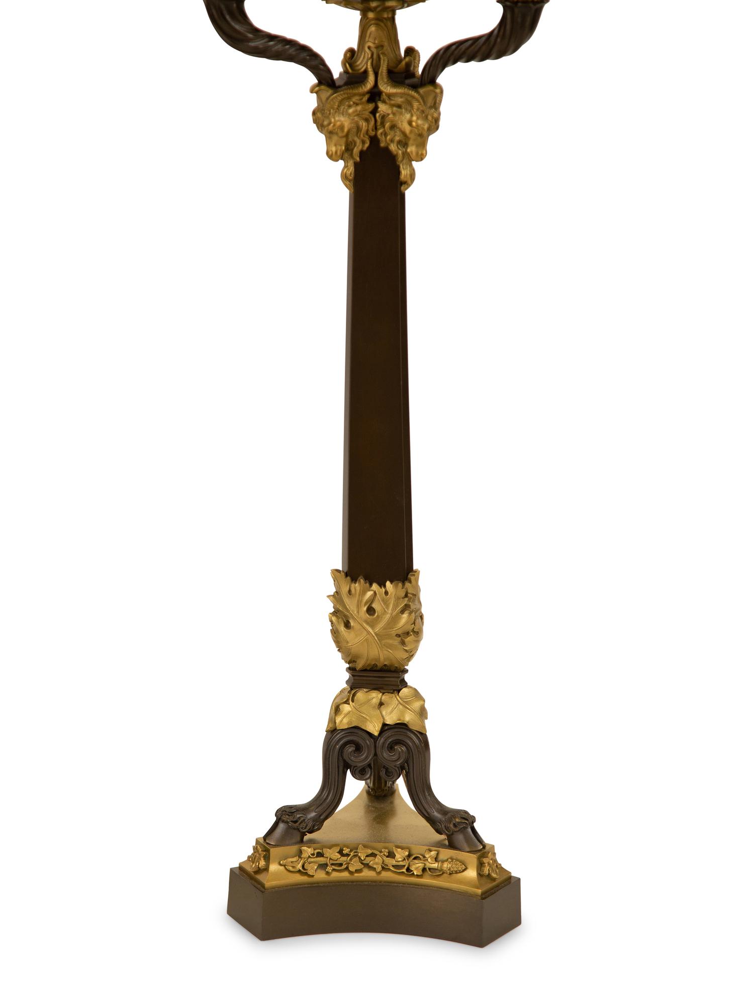 A Pair of Empire Style Ebonized and Gilt Bronze Four-Light Candelabra Mounted as Lamps — 19th/20th Century