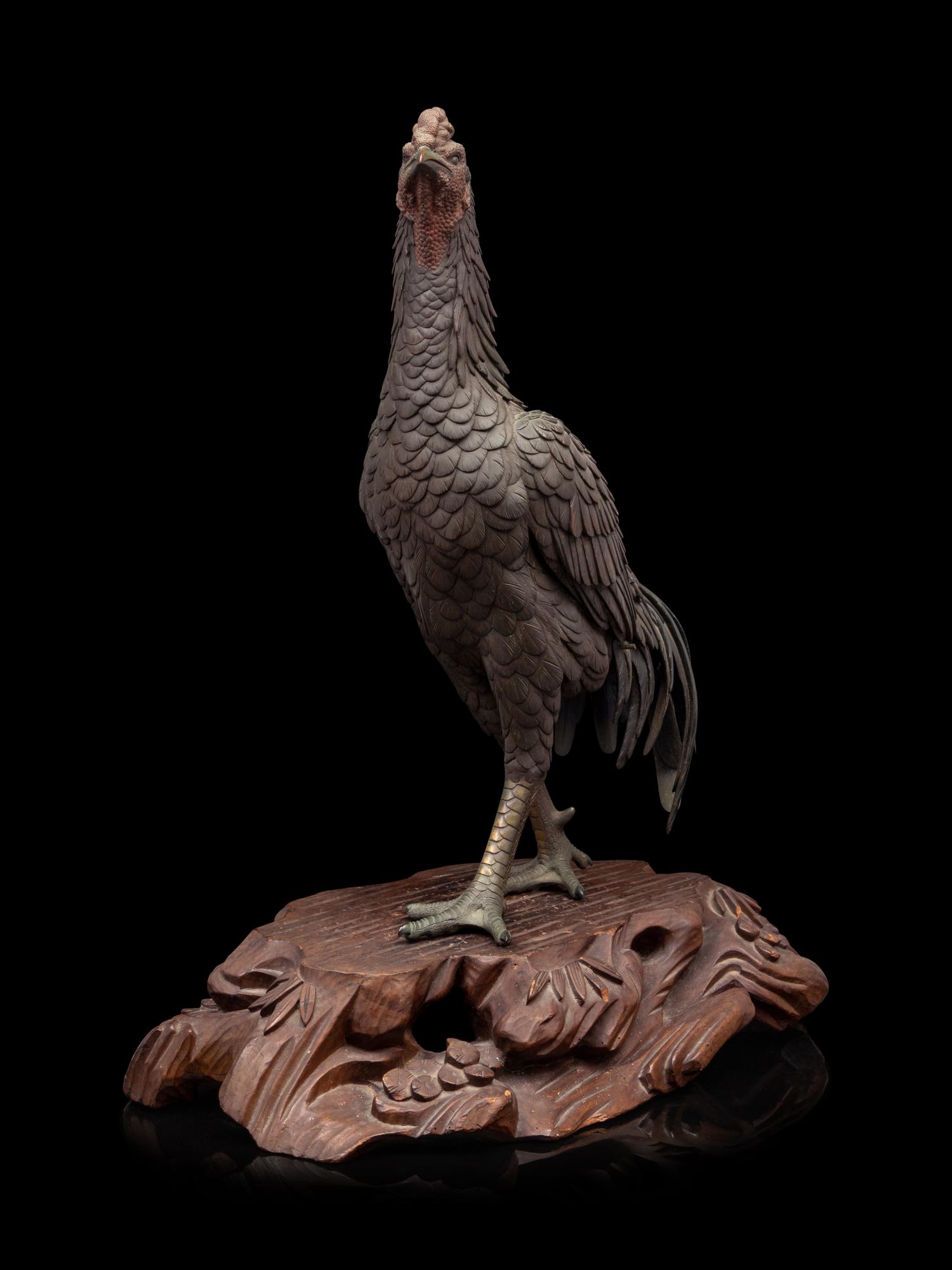 A Patinated-Bronze Okimono of a Cockerel