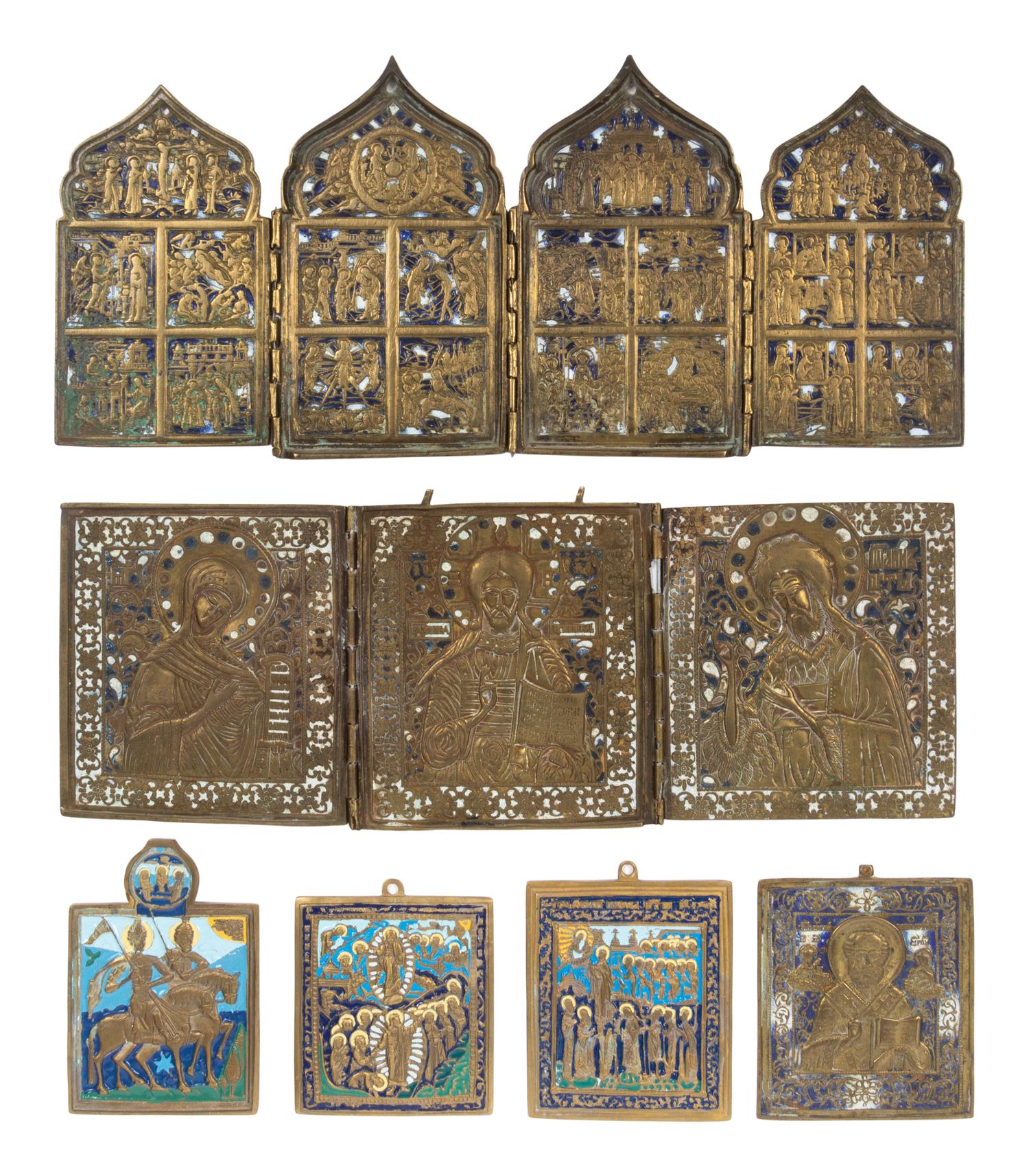 Six Russian Enamel Decorated Cast Bronze Icon Articles