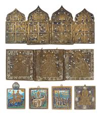 Six Russian Enamel Decorated Cast Bronze Icon Articles
