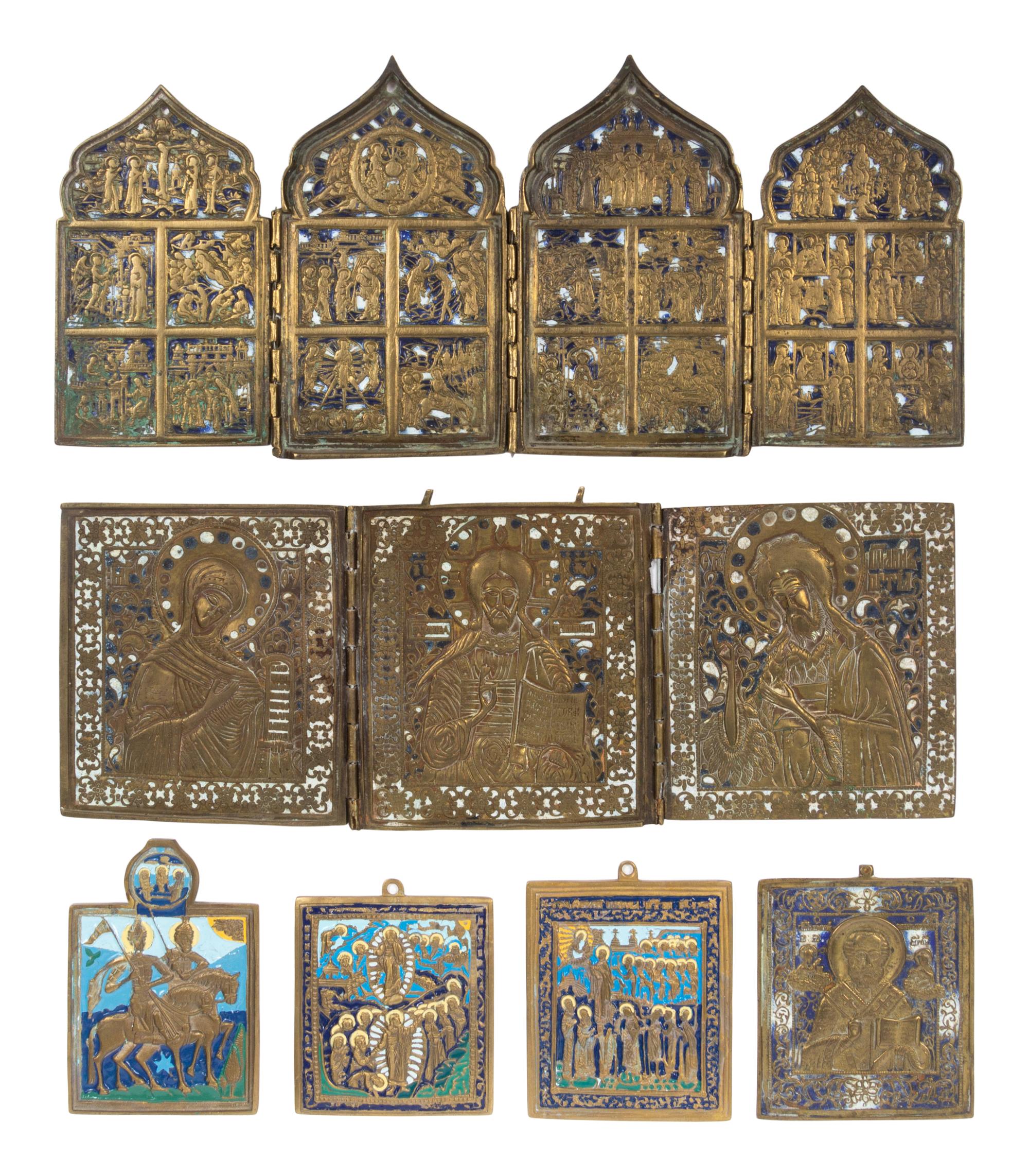 Six Russian Enamel Decorated Cast Bronze Icon Articles