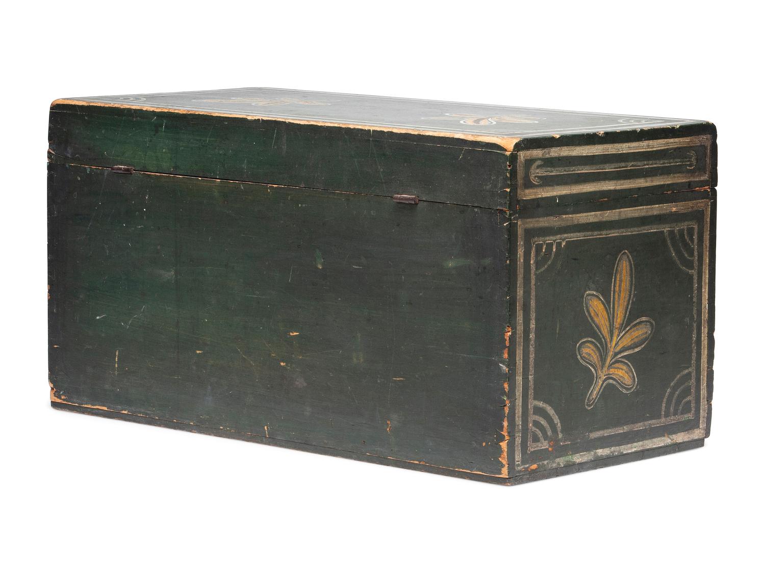 A Country Green, Yellow and White Painted Palm Leaf-Decorated Maple Blanket Chest