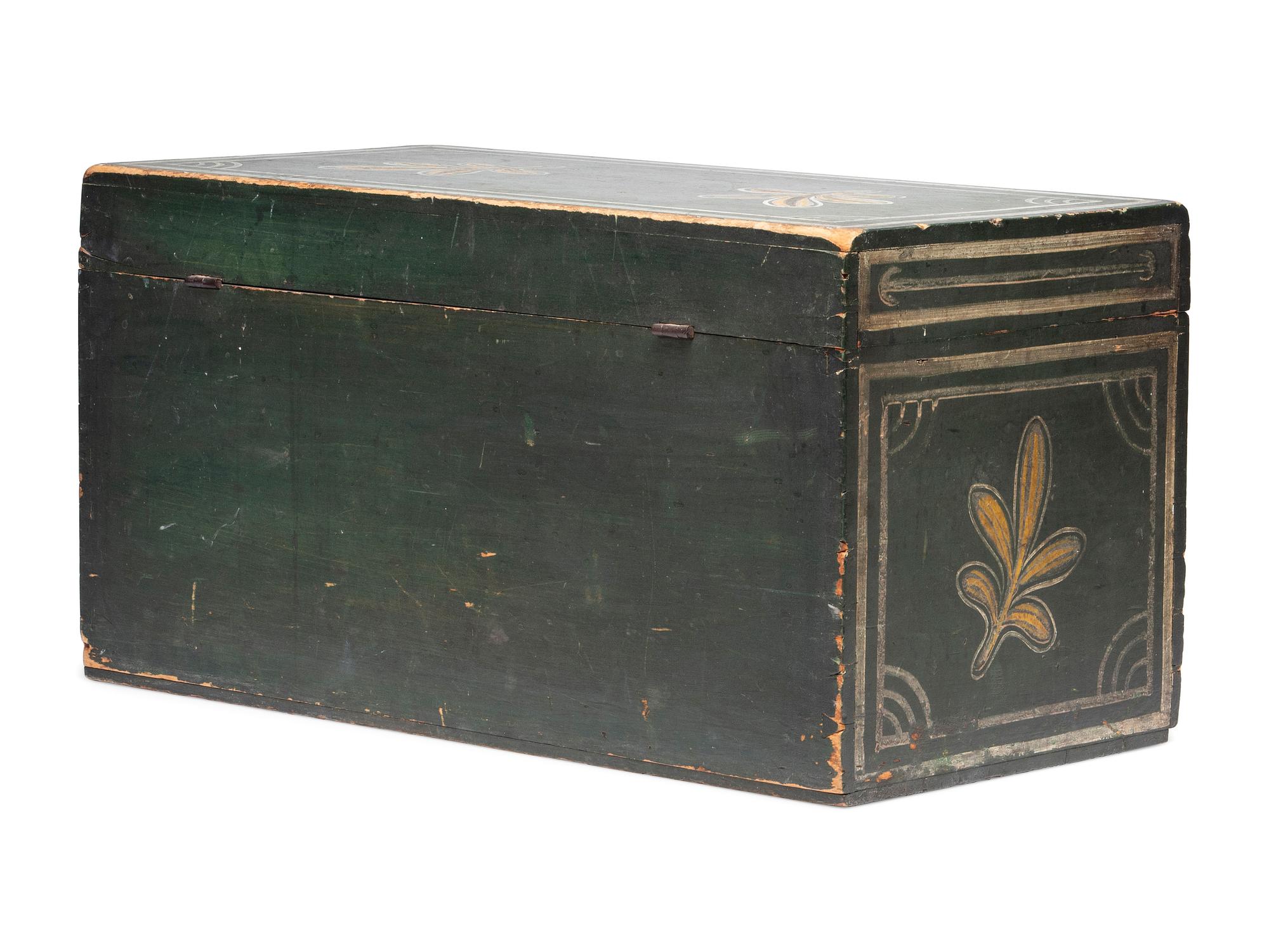 A Country Green, Yellow and White Painted Palm Leaf-Decorated Maple Blanket Chest