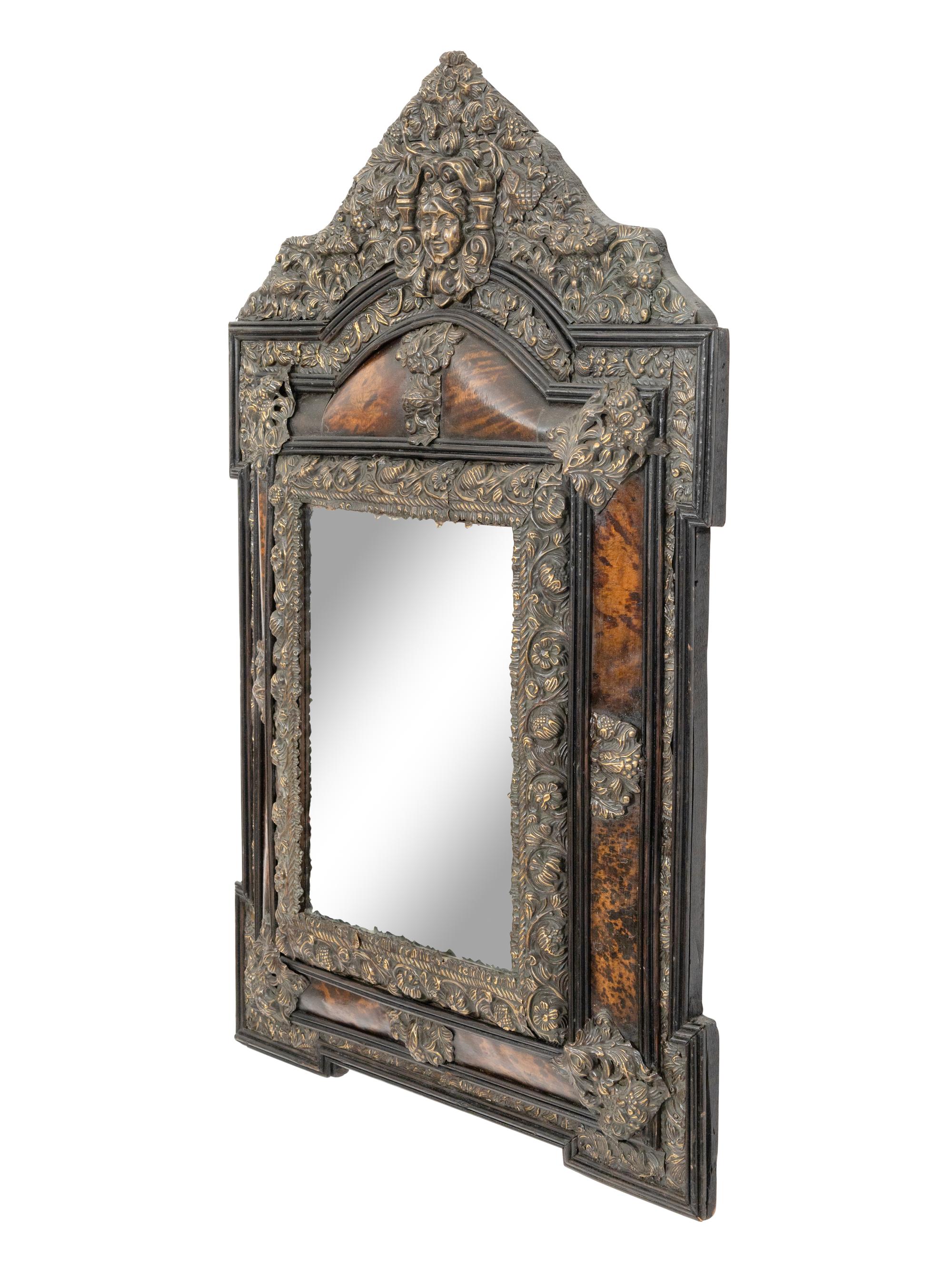 A Dutch Baroque Style Faux-Tortoise Shell Brass-Mounted Repoussé Cushion Mirror