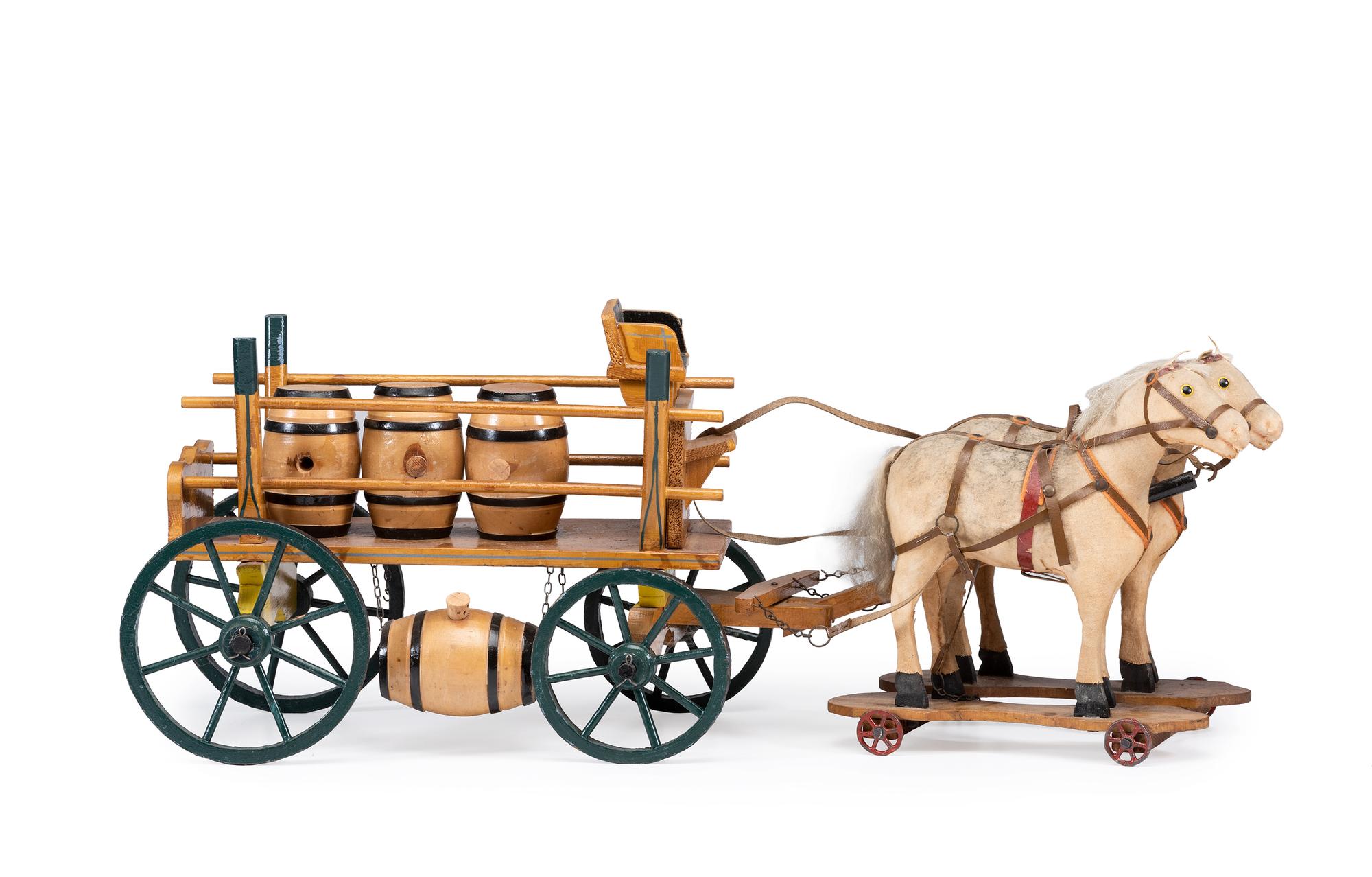 A Fabric Horse and Wooden Cart Barrel Wagon