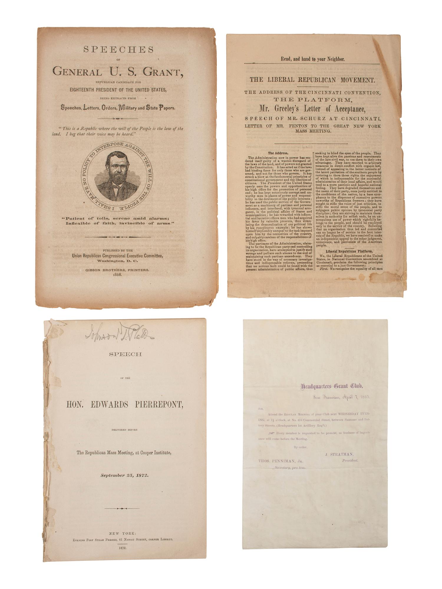 [GRANT, Ulysses S. (1822-1885)]. A group of covers, photographs, prints, pamphlets, and other ephemera related to the 1868 and 1872 presidential elections, comprising: