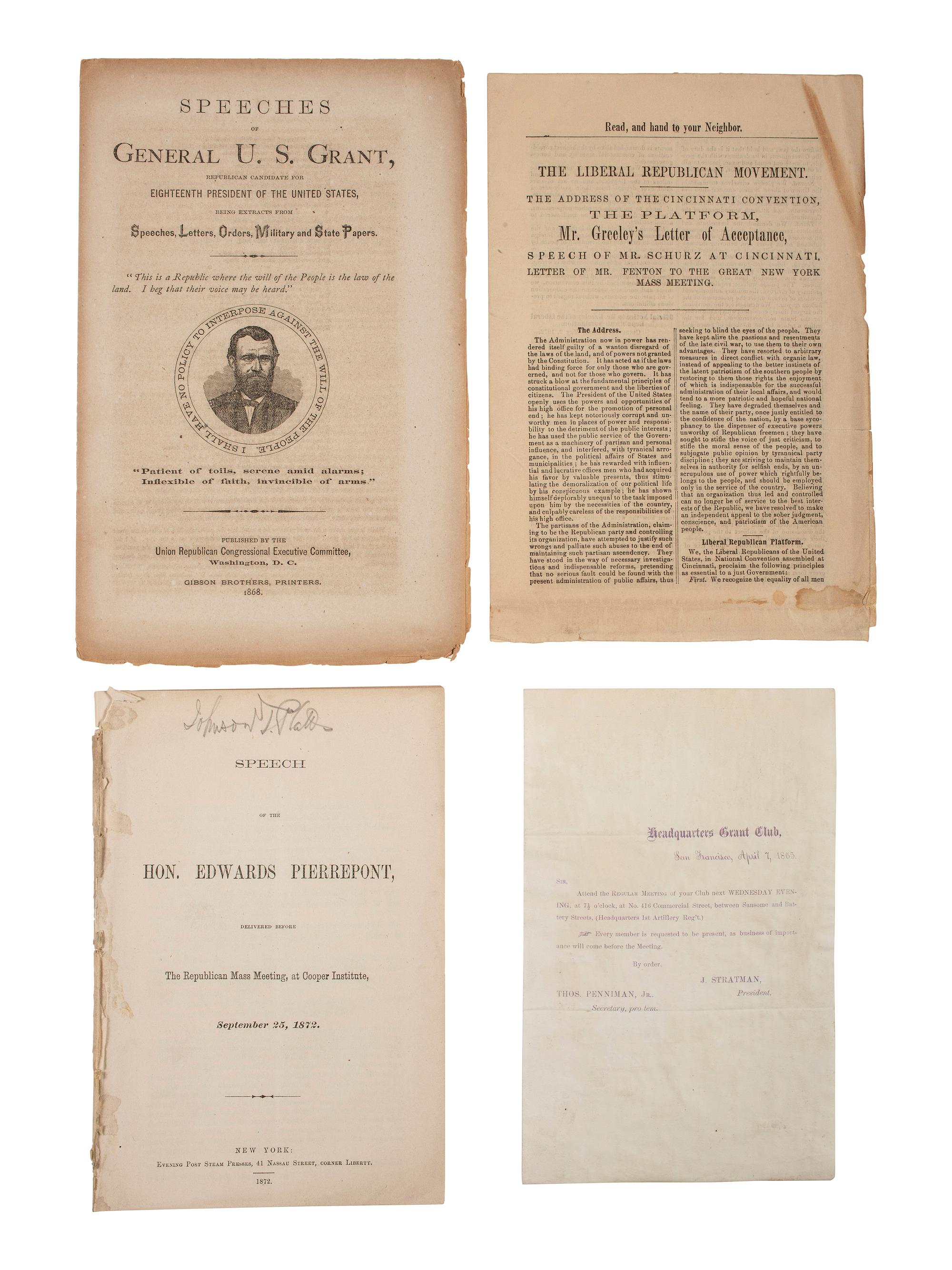 [GRANT, Ulysses S. (1822-1885)]. A group of covers, photographs, prints, pamphlets, and other ephemera related to the 1868 and 1872 presidential elections, comprising: