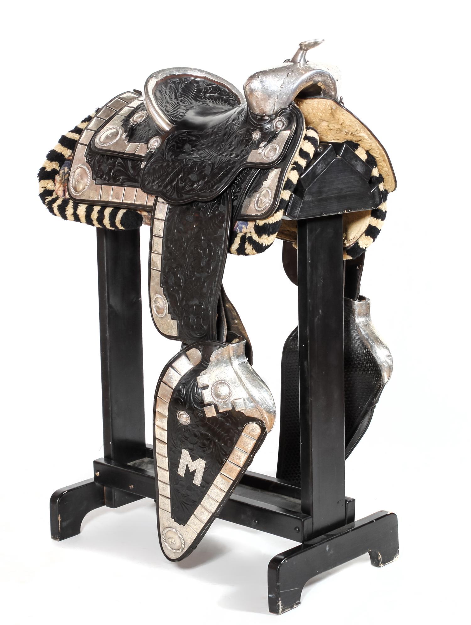 Tooled Black Leather and Silver Parade Saddle Seat size 15 inches — Circa 1940
