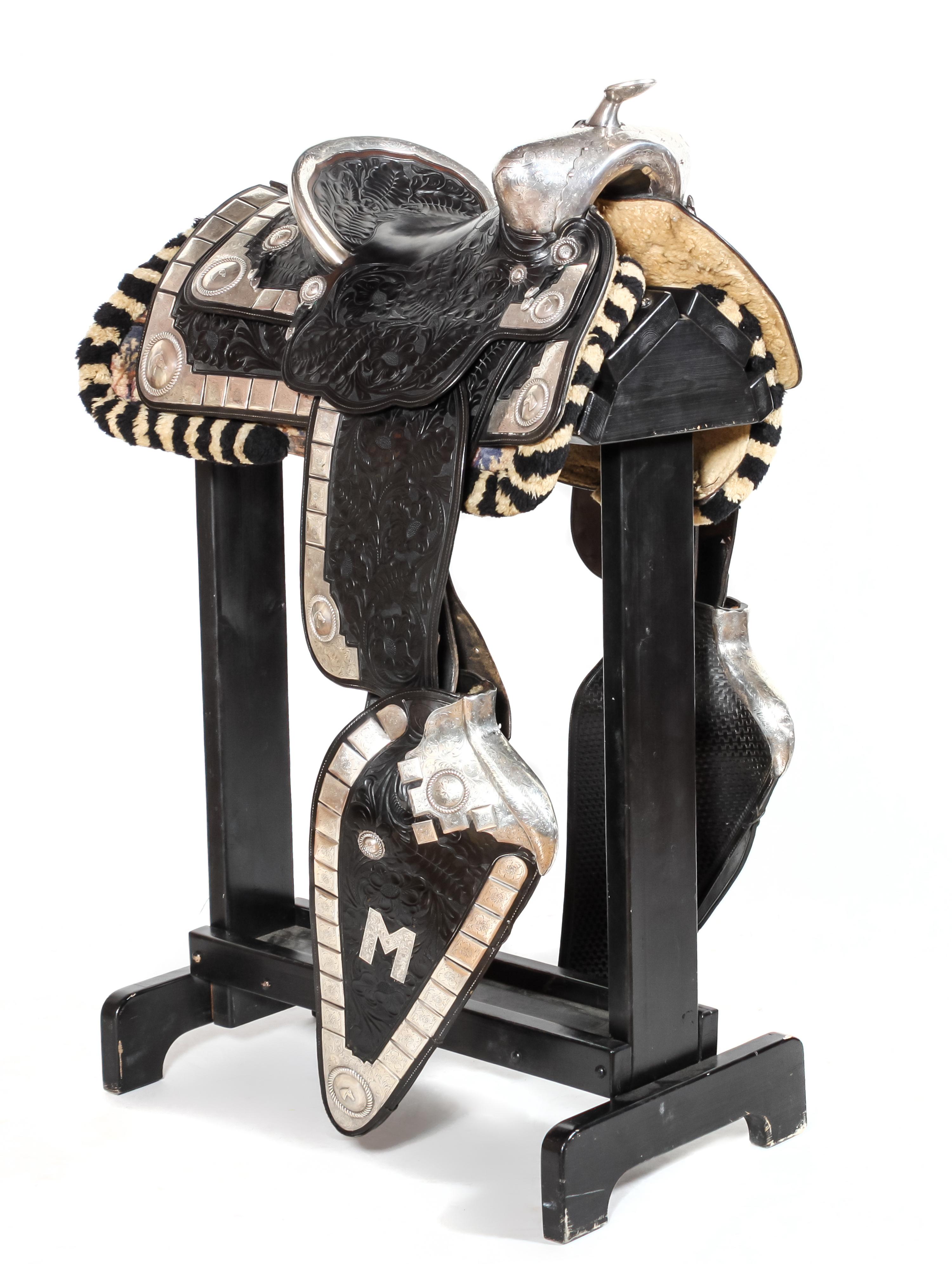 Tooled Black Leather and Silver Parade Saddle Seat size 15 inches — Circa 1940