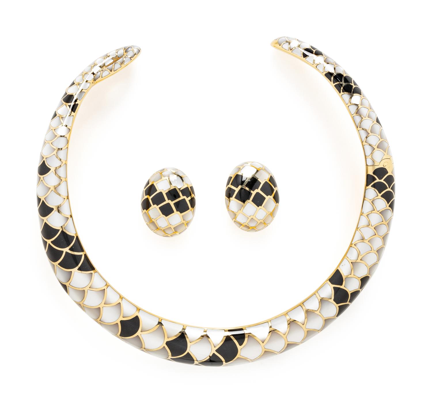 ANGELA CUMMINGS, YELLOW GOLD, BLACK JADE, AND MOTHER-OF-PEARL DEMI PARURE