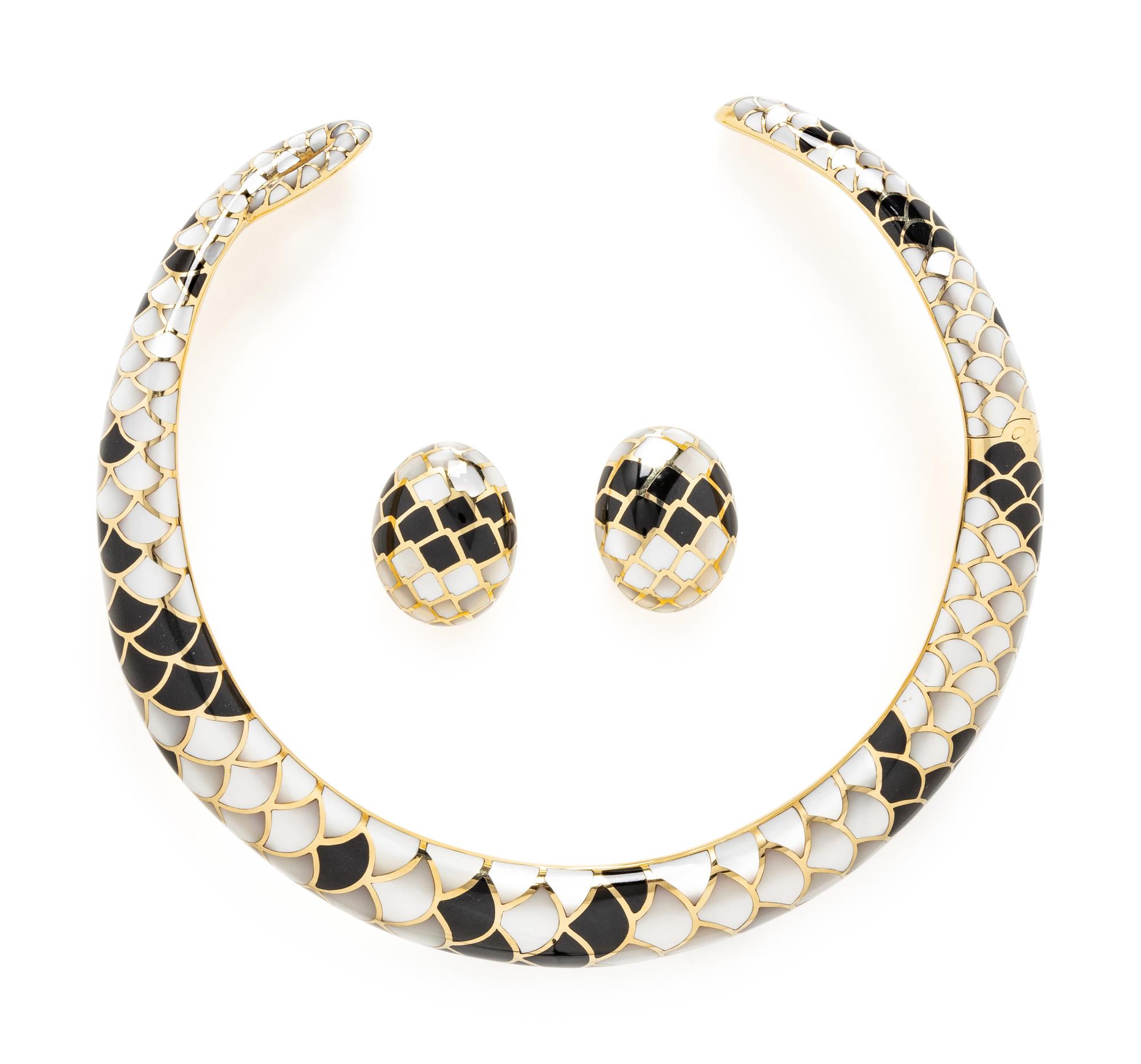 ANGELA CUMMINGS, YELLOW GOLD, BLACK JADE, AND MOTHER-OF-PEARL DEMI PARURE