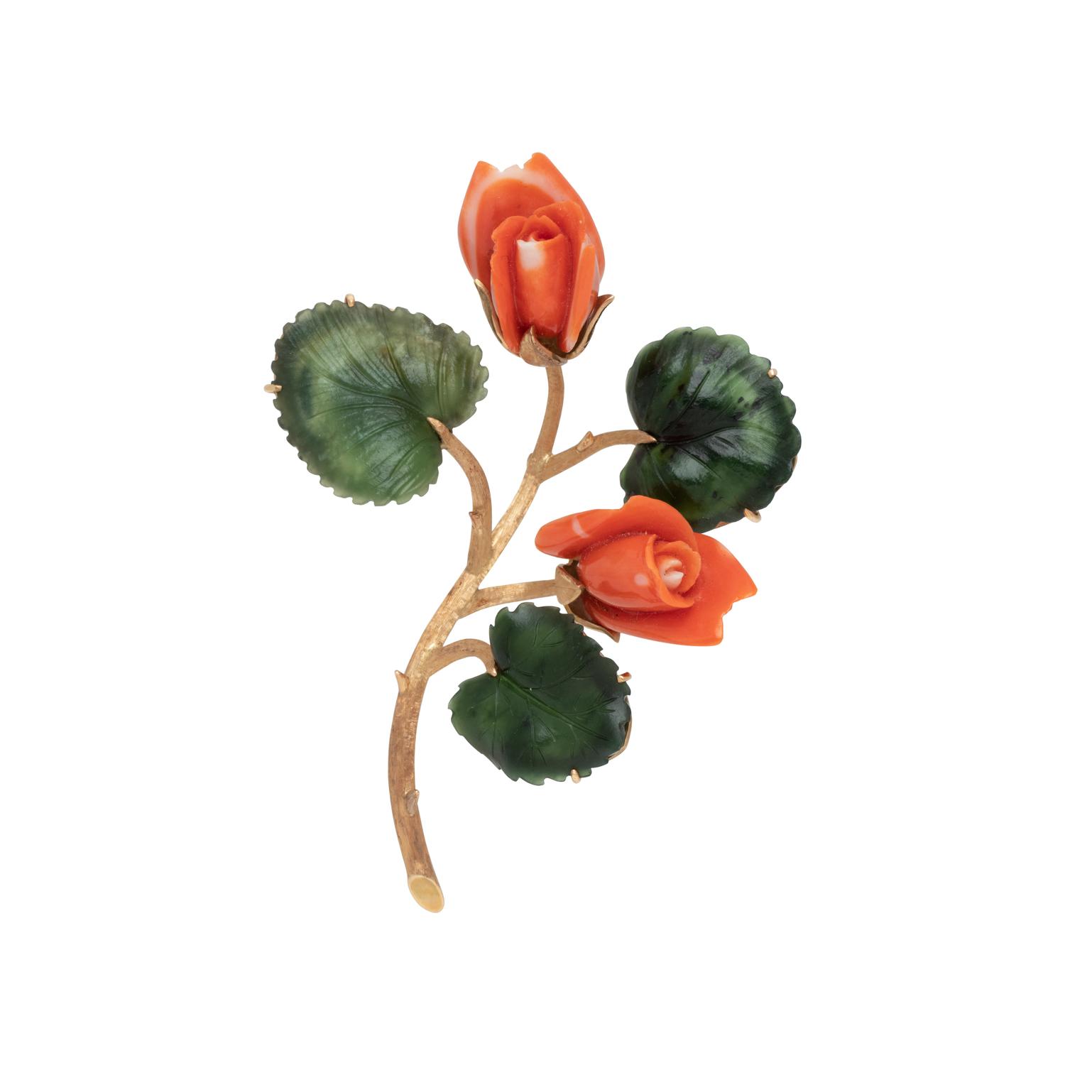 YELLOW GOLD, CORAL AND NEPHRITE FLOWER BROOCH