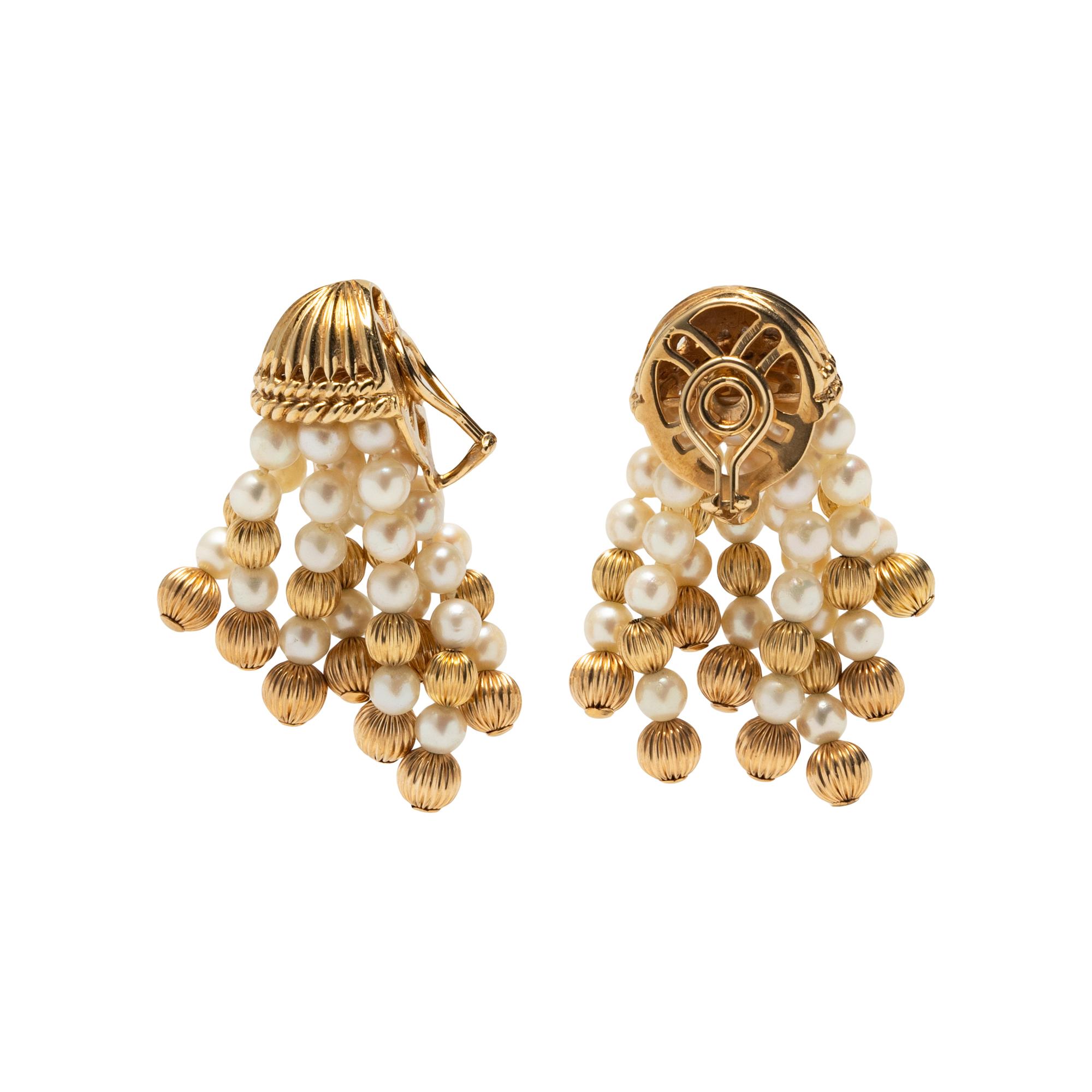 CULTURED PEARL AND YELLOW GOLD TASSEL EARRINGS