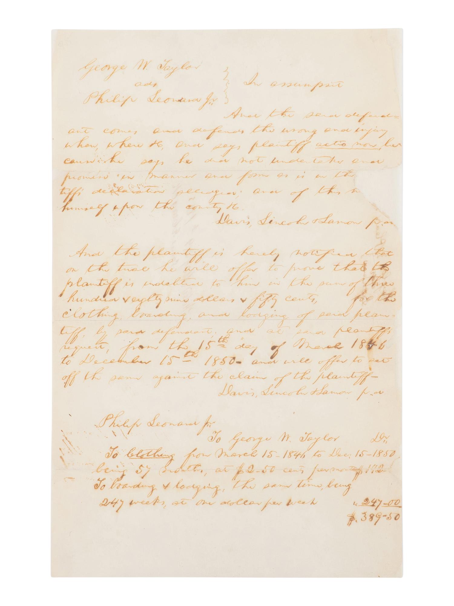 LINCOLN, Abraham (1809-1865). Autograph legal document signed ("Davis, Lincoln, Lamon"), [Springfield], [filed] 29 May 1855.