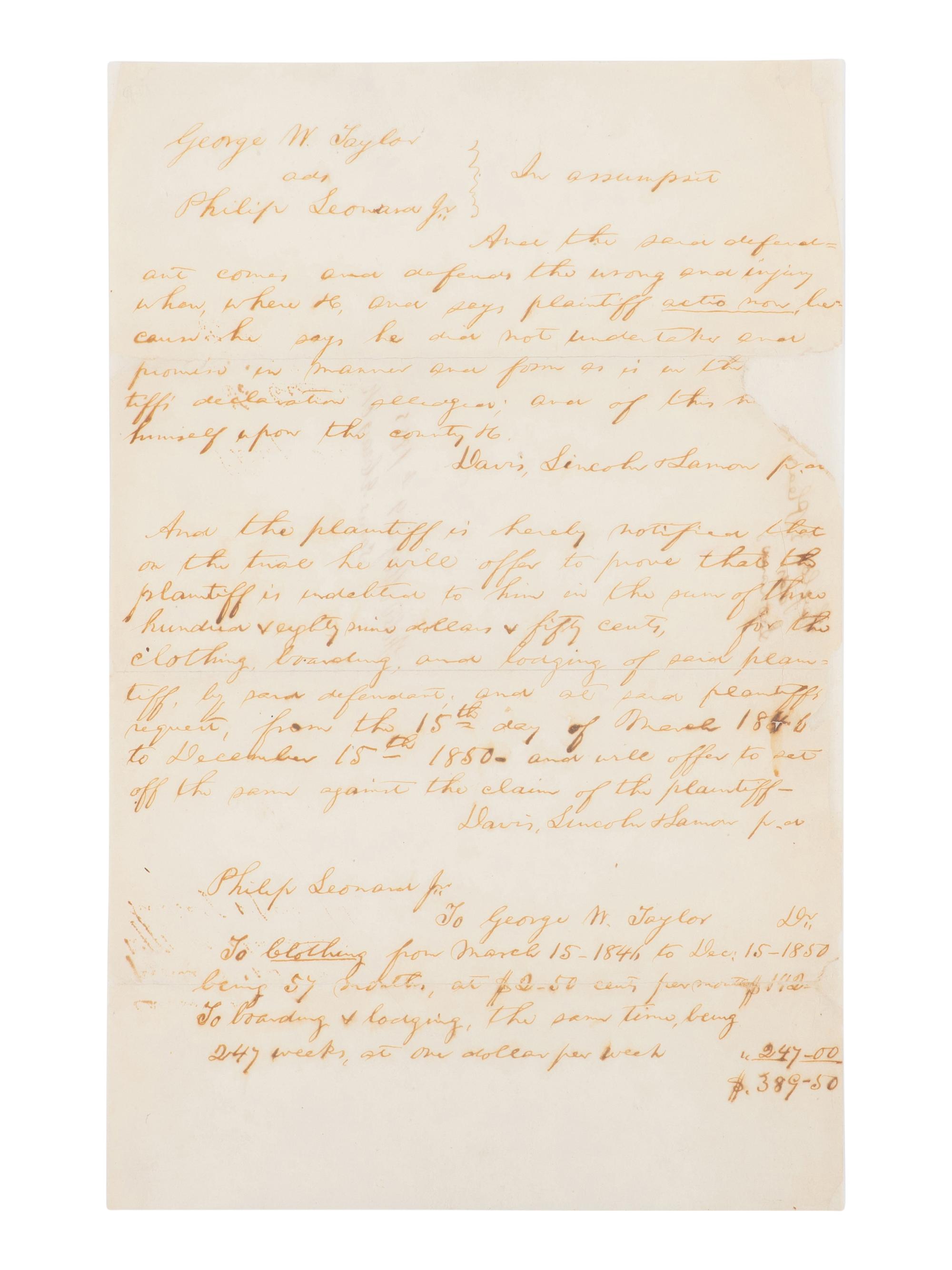 LINCOLN, Abraham (1809-1865). Autograph legal document signed ("Davis, Lincoln, Lamon"), [Springfield], [filed] 29 May 1855.