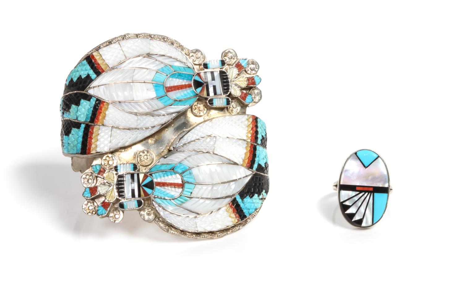 Zuni Silver and Multi-Stone Inlay Cuff Bracelet, Eldred Martinez Length 5 1/2 x opening 1 1/2 x width 2 3/4 inches