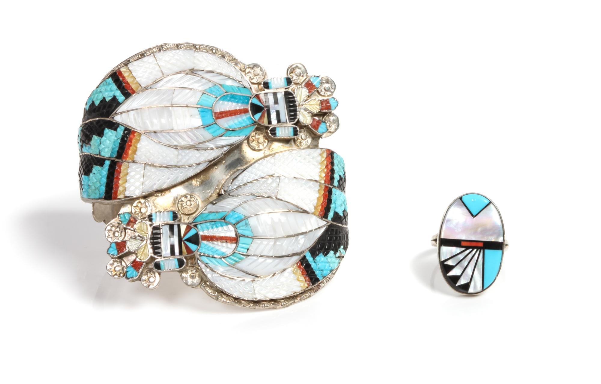 Zuni Silver and Multi-Stone Inlay Cuff Bracelet, Eldred Martinez Length 5 1/2 x opening 1 1/2 x width 2 3/4 inches