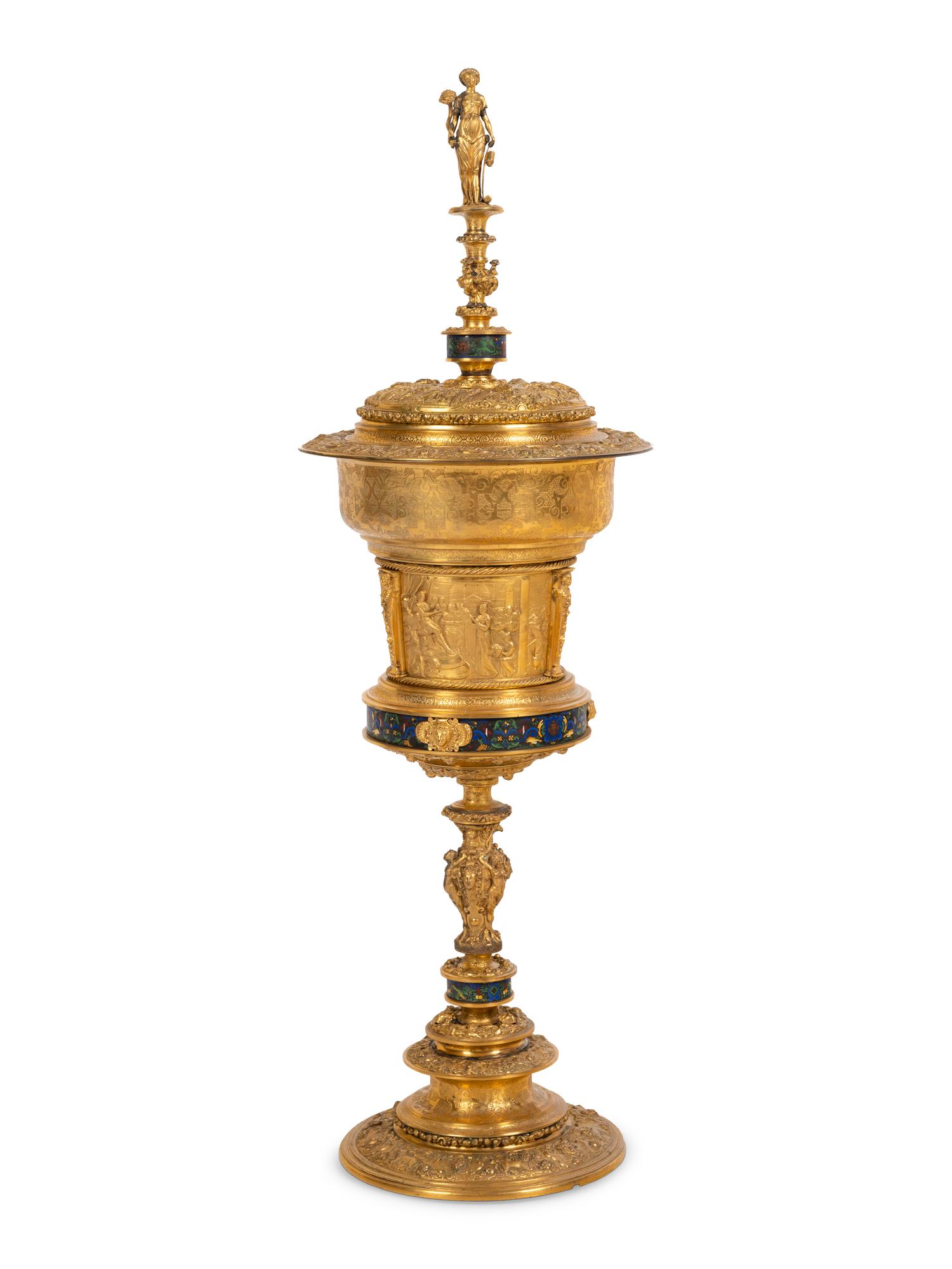 An Elkington & Co. Victorian Gilt Bronze and Champlevé Wine Cooler On Stand