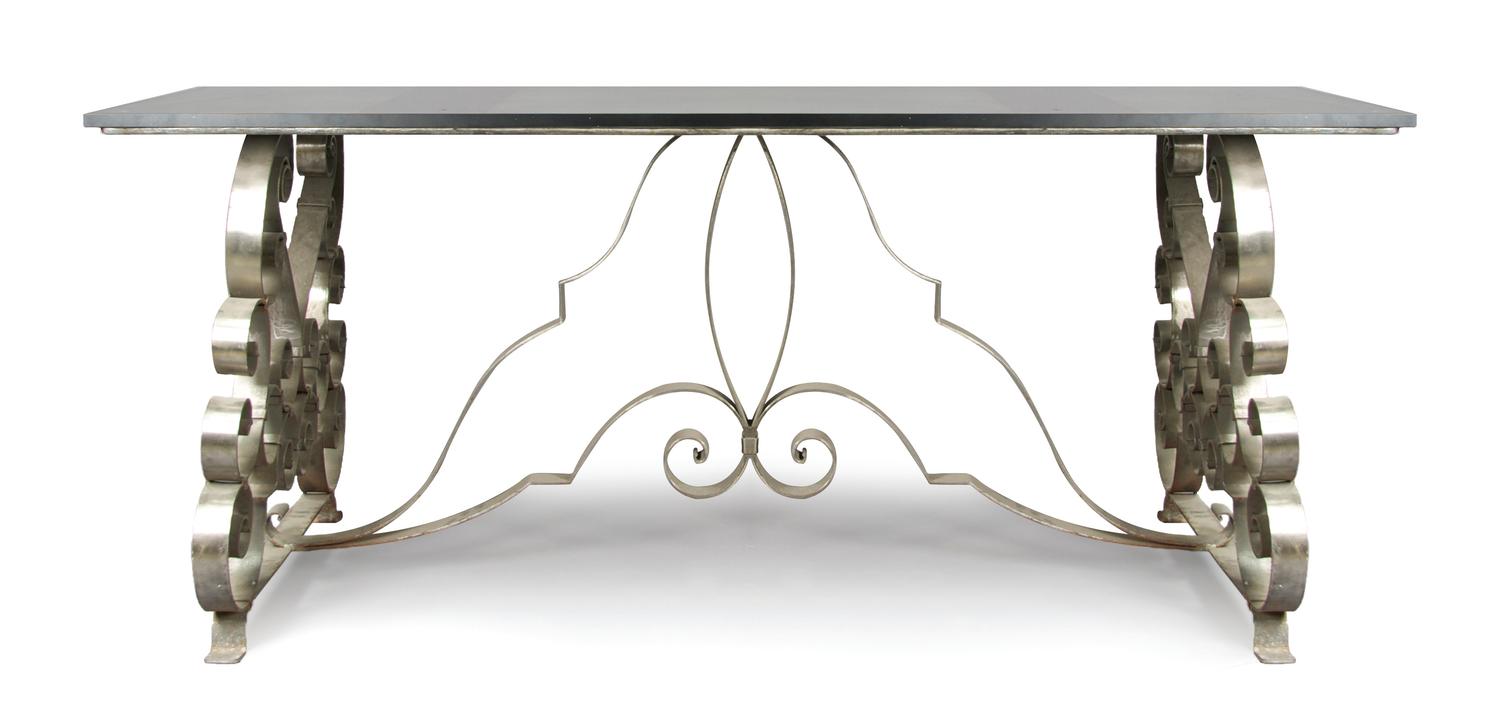 An Art Deco Style Steel and Glass Table, Height 29 1/2 x width 71 x depth 31 inches.