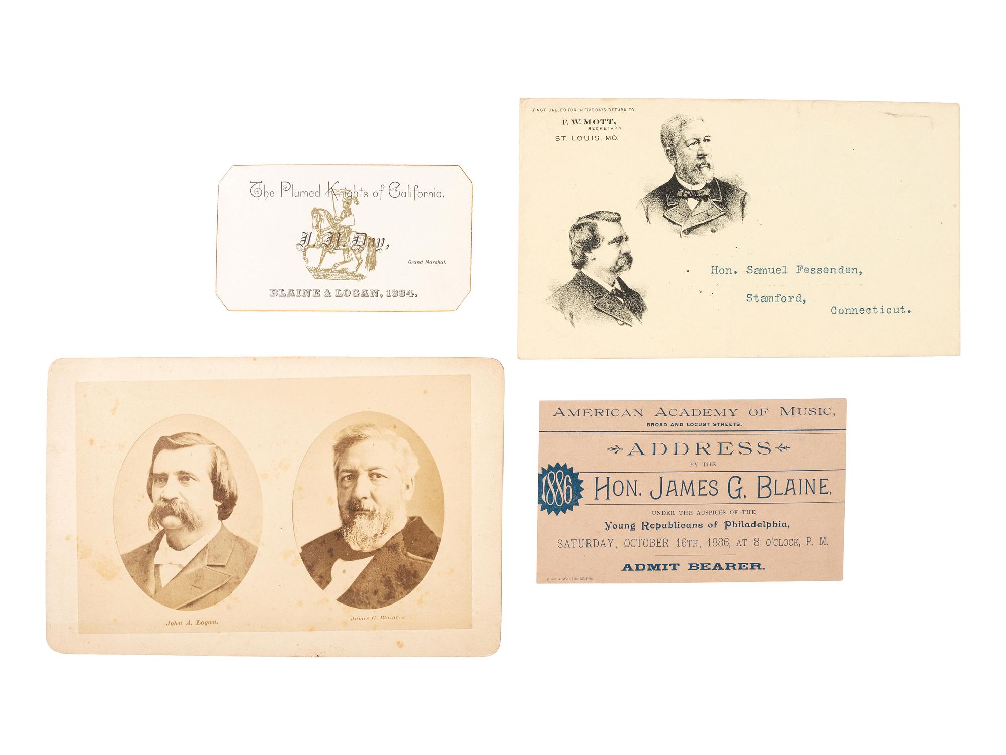 [1884 ELECTION] -- [BLAINE, James G.]. A group of cabinet cards, advertising cards, lithographs, and other ephemera from Blaine's 1884 presidential campaign, comprising: