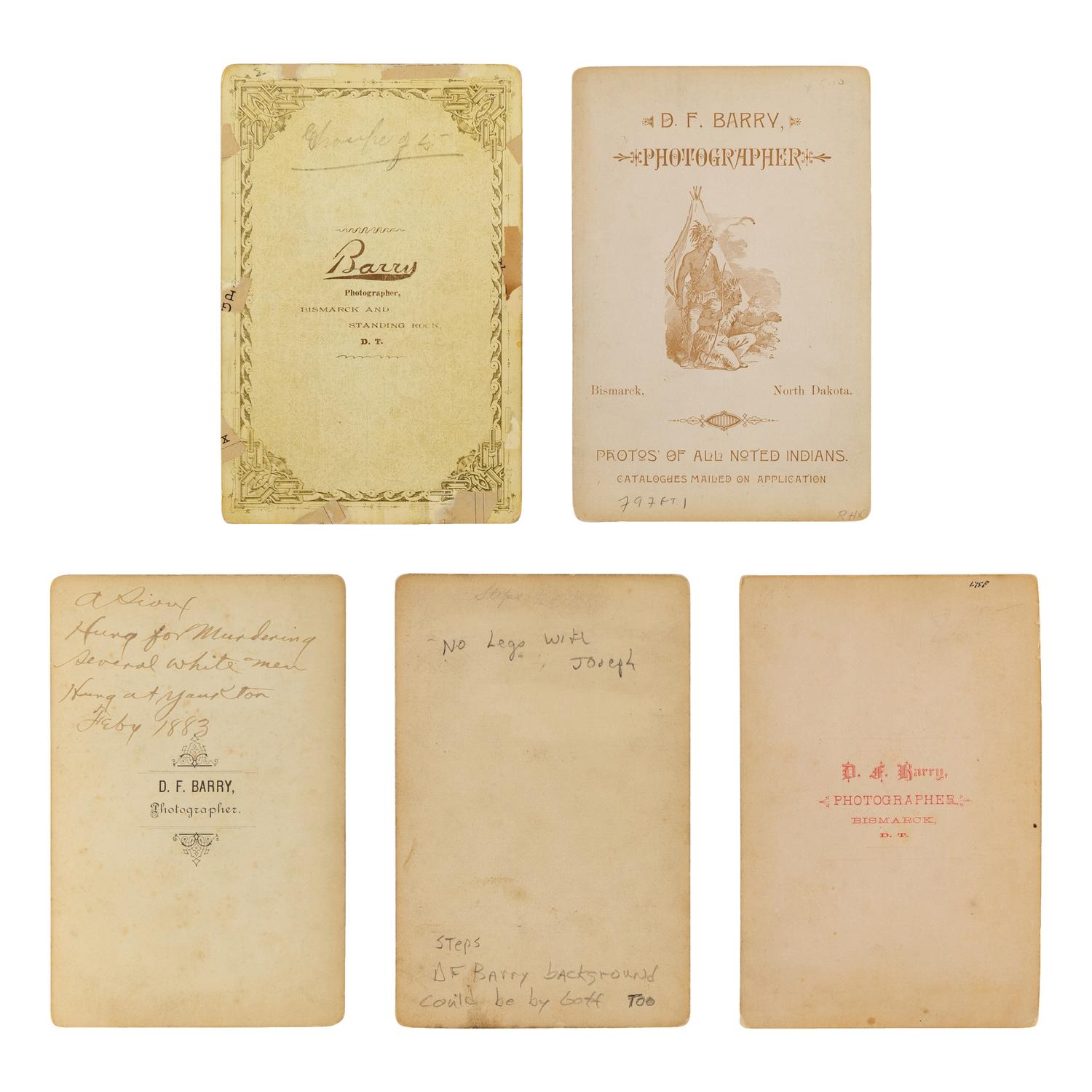 Barry, D.F. (1854-1934) A group of 5 cabinet cards of Plains Indians, incl. Brave Bear and Two Bear.