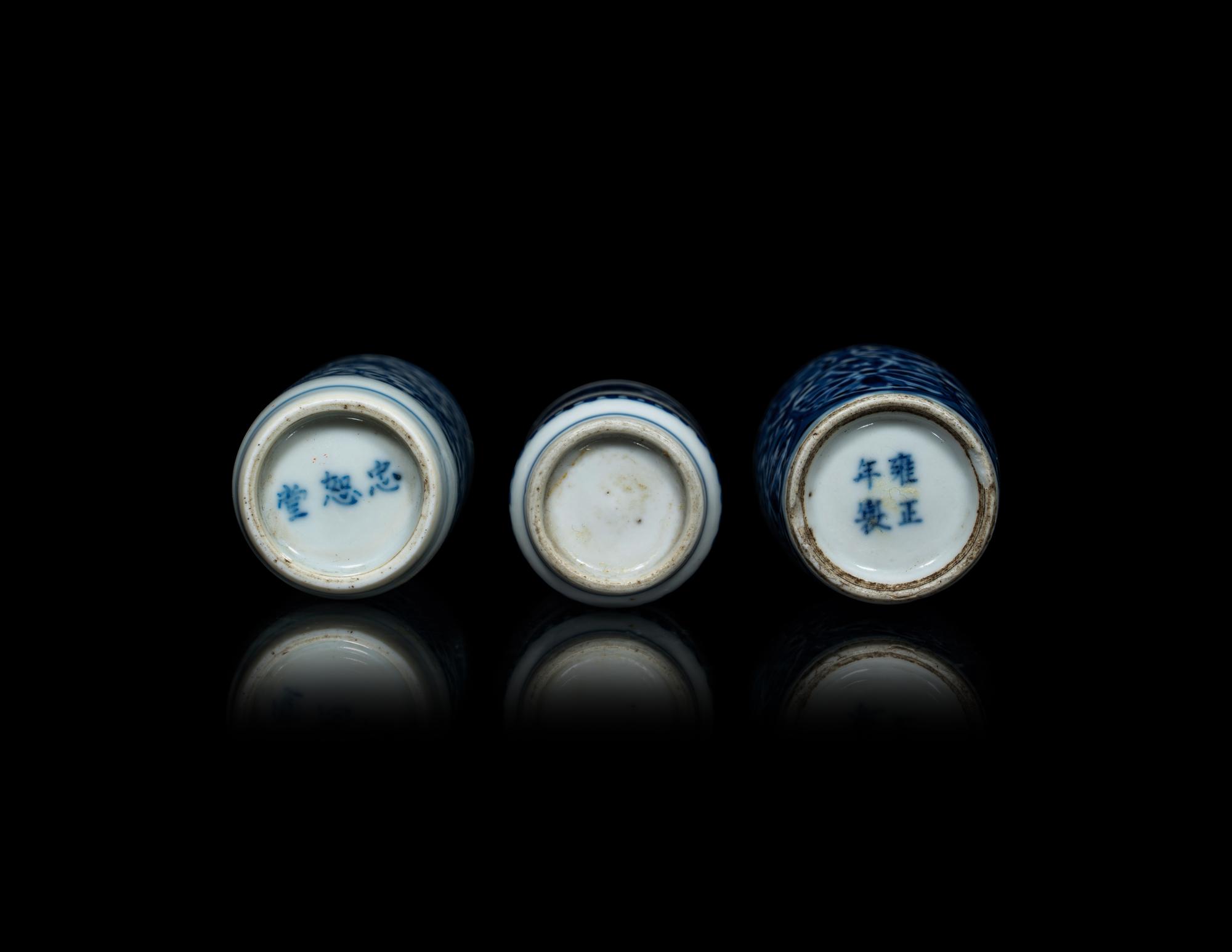 Three Chinese Blue and White Porcelain 'Lotus' Snuff Bottles
