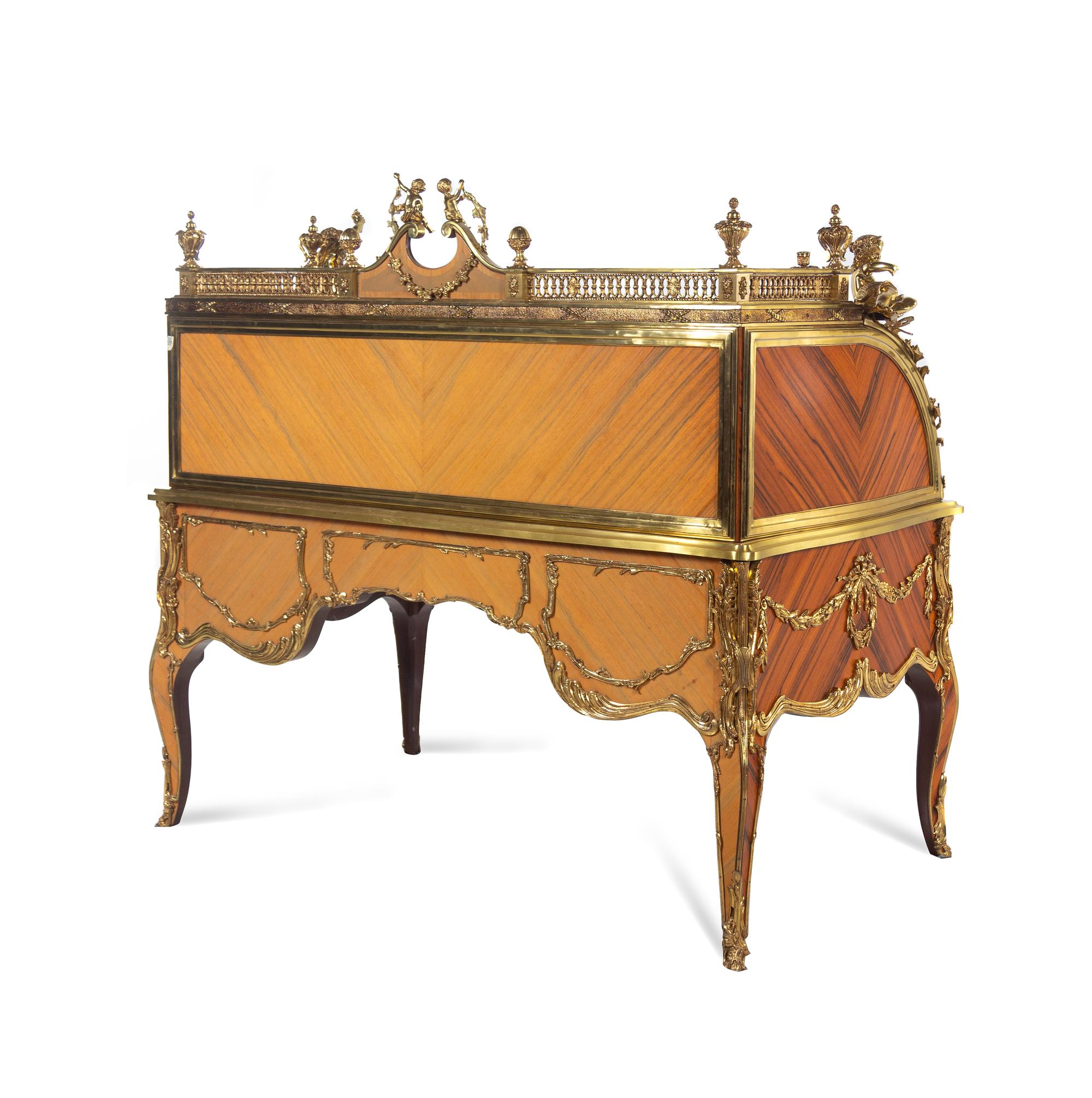 A Louis XV Style Gilt Metal Mounted Marquetry Bureau à Cylindre