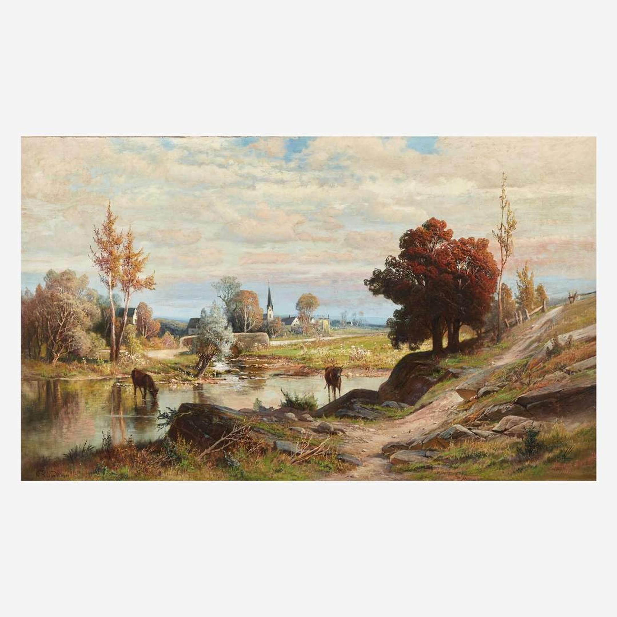 Carl Philipp Weber (American, 1850-1921) Landscape with Cows Watering and Town in Background