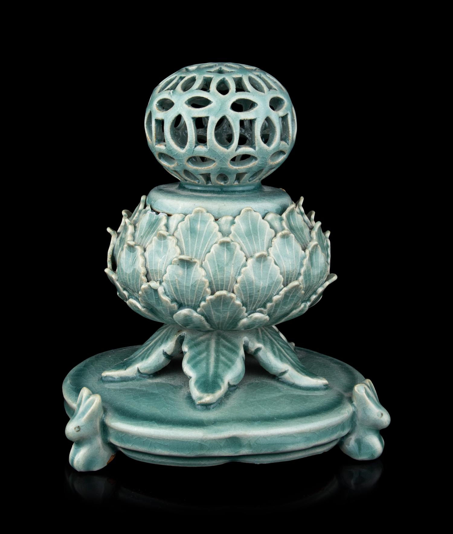 A Korean Celadon Glazed Porcelain 'Lotus' Incense Burner