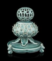A Korean Celadon Glazed Porcelain 'Lotus' Incense Burner