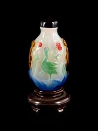 A Chinese Multi-Colored Overlay Translucent White Peking Glass Snuff Bottle
