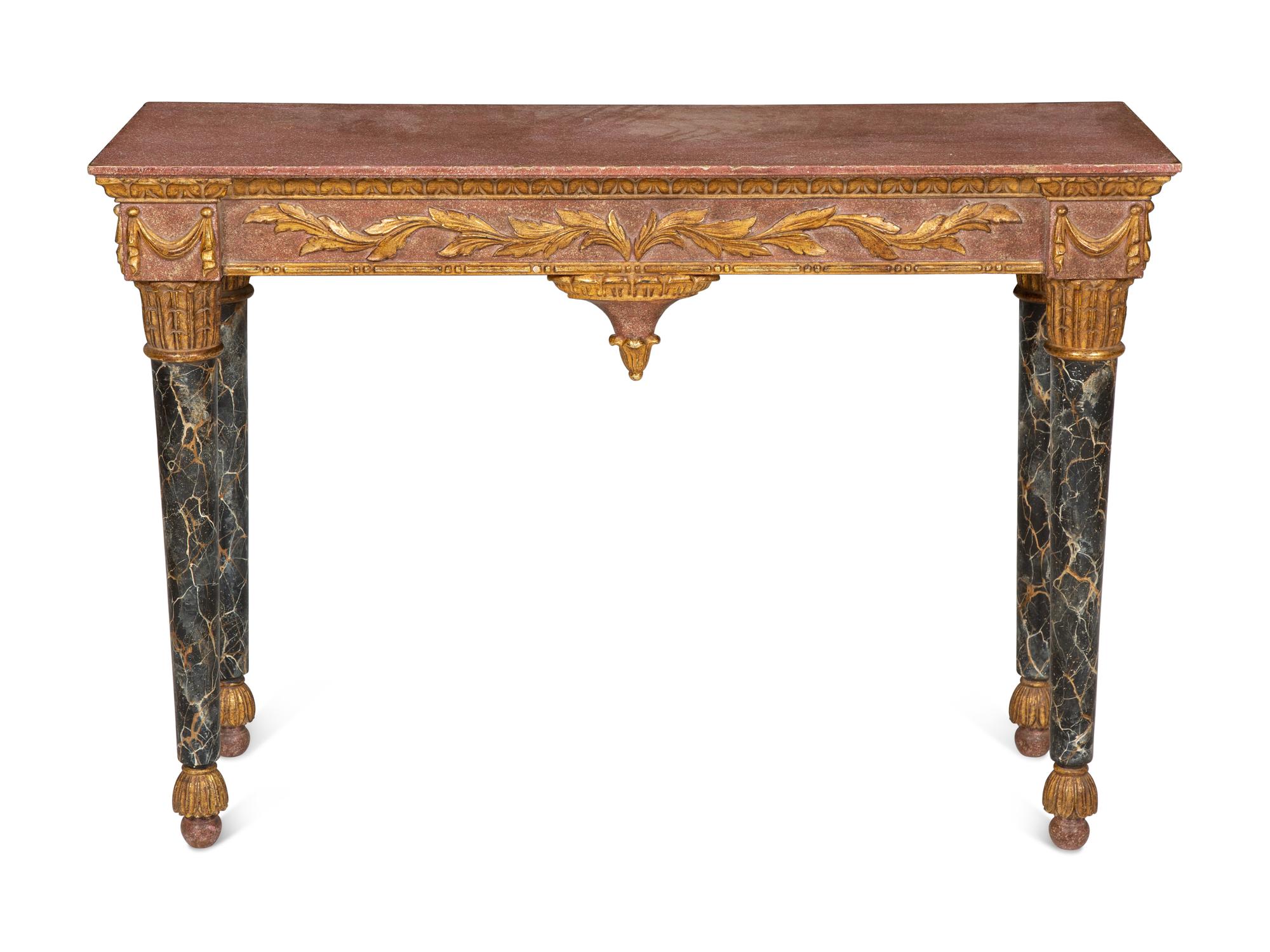 An Italian Painted Faux Marble and Parcel Gilt Console Table