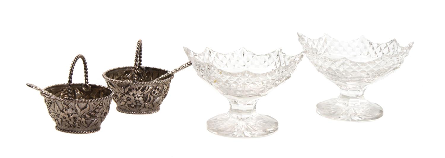 A Pair of American Silver Salts and Spoons, S. Kirk and Sons, Baltimore, Maryland, having repousse floral decoration; together with 10