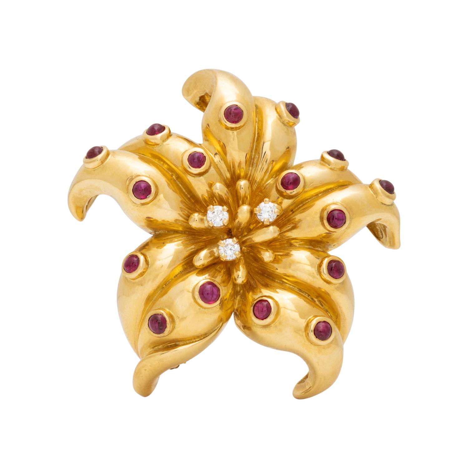 YELLOW GOLD RUBY AND DIAMOND FLOWER BROOCH