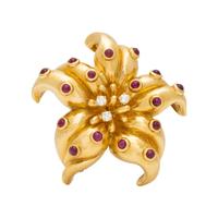 YELLOW GOLD RUBY AND DIAMOND FLOWER BROOCH
