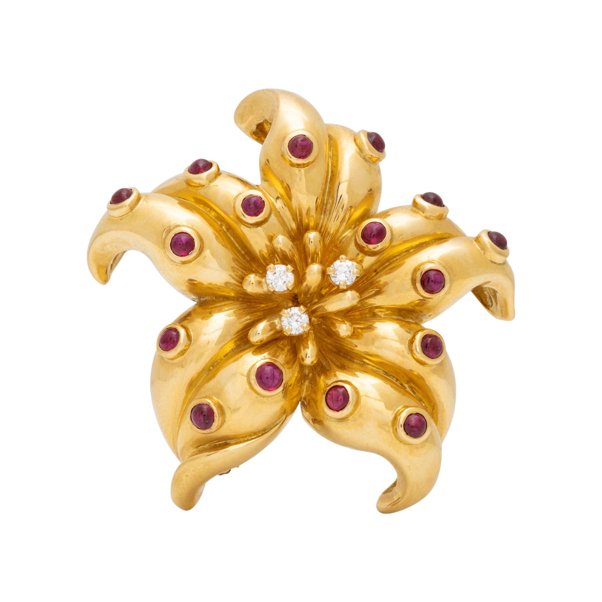 YELLOW GOLD RUBY AND DIAMOND FLOWER BROOCH