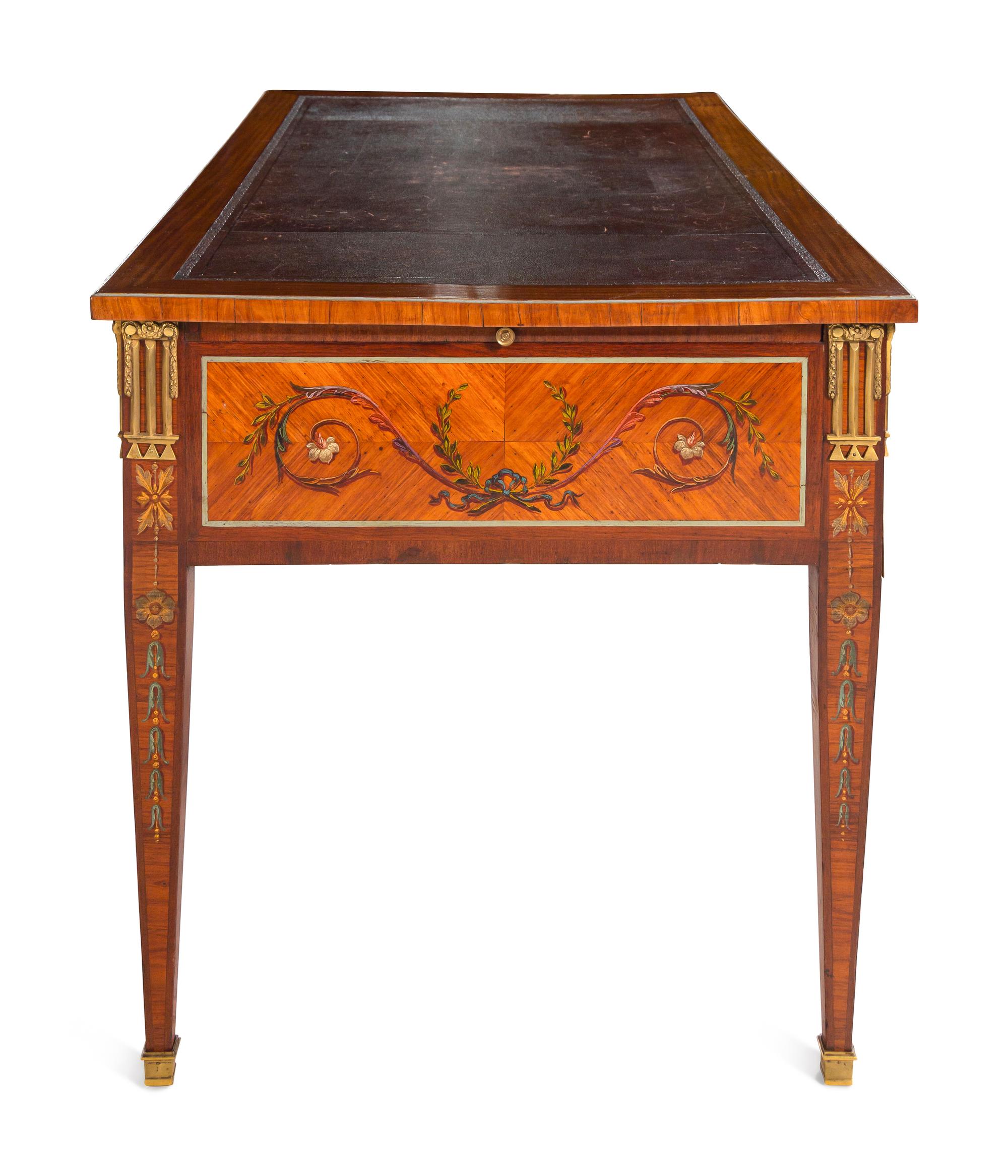 A French Neoclassical Style Gilt Bronze Mounted and Painted Bureau Plat