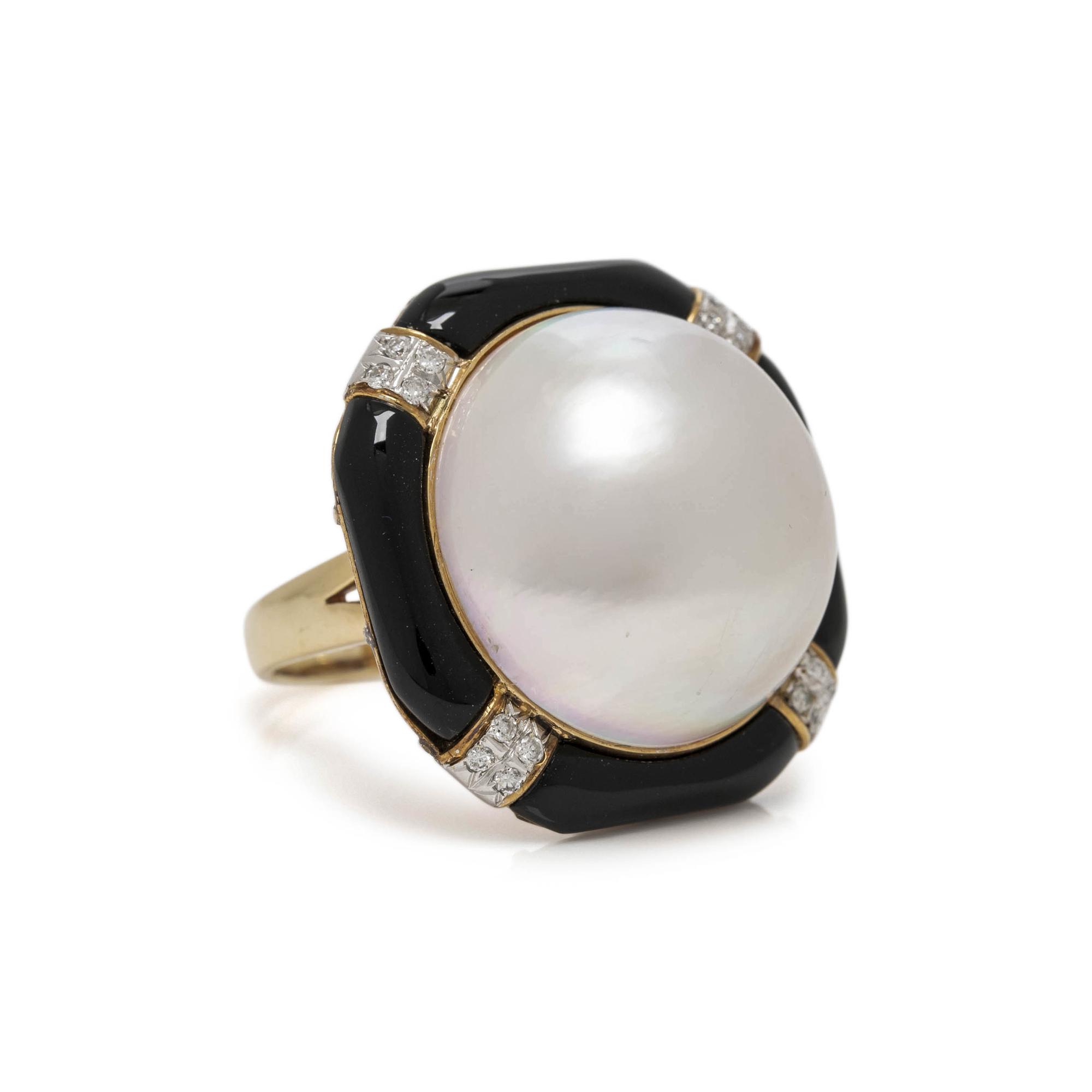 COLLECTION OF CULTURED MABE PEARL, ONYX AND DIAMOND JEWELRY